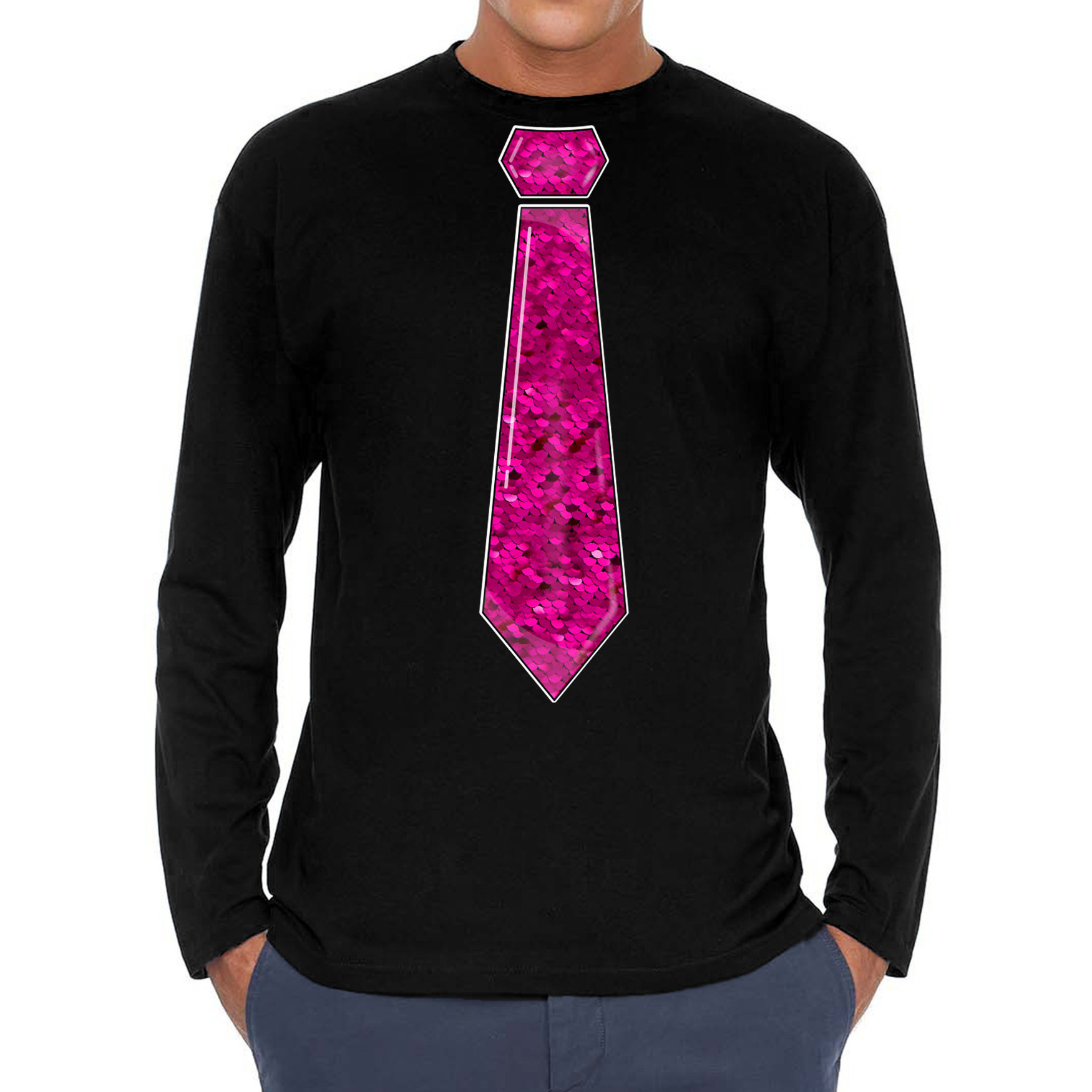 Verkleed shirt voor heren stropdas pailletten roze zwart carnaval foute party longsleeve