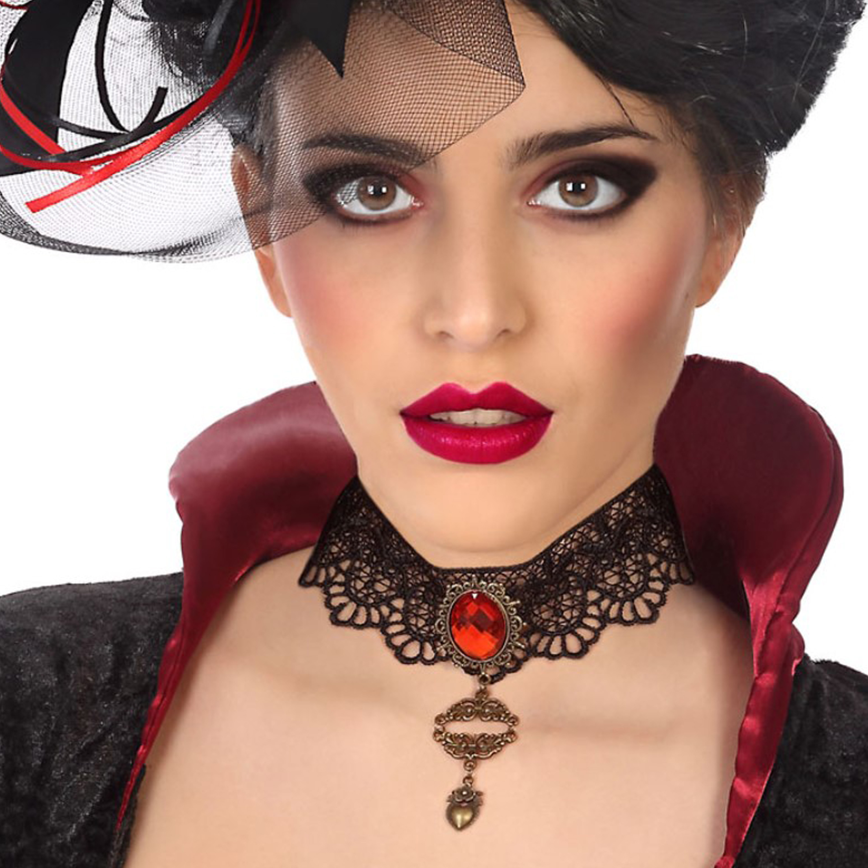 Verkleed sieraden ketting met edelsteen zwart-rood dames kunststof Heks-vampier