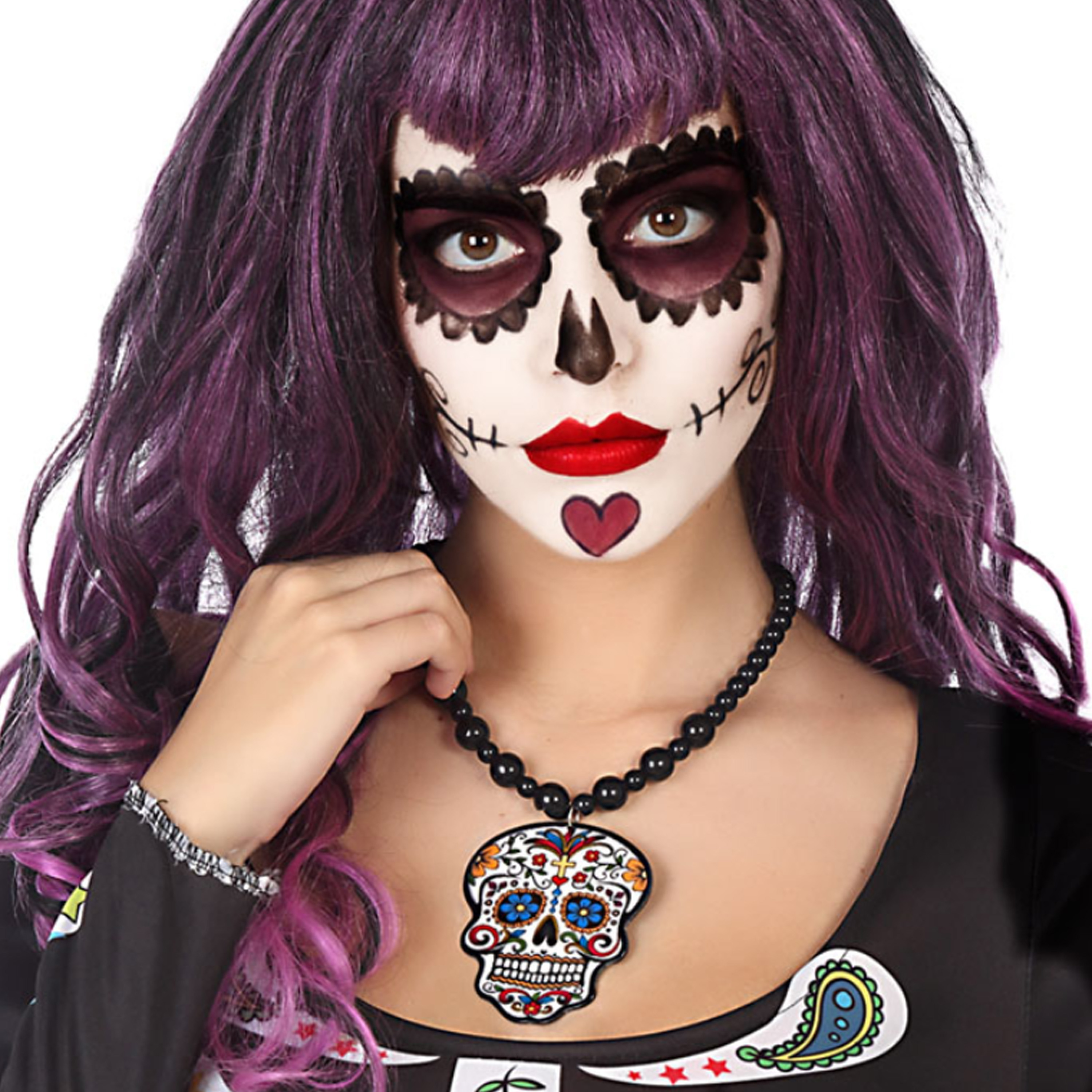 Verkleed sieraden ketting met Skull zwart-multi kleur dames kunststof Day of the Dead