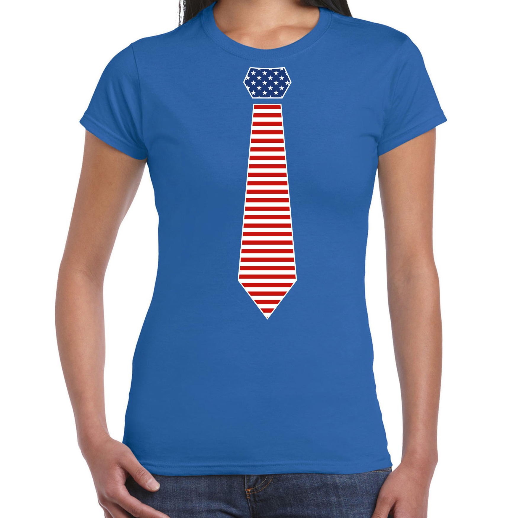 Verkleed t-shirt voor dames Amerikaanse stopdas blauw themafeest