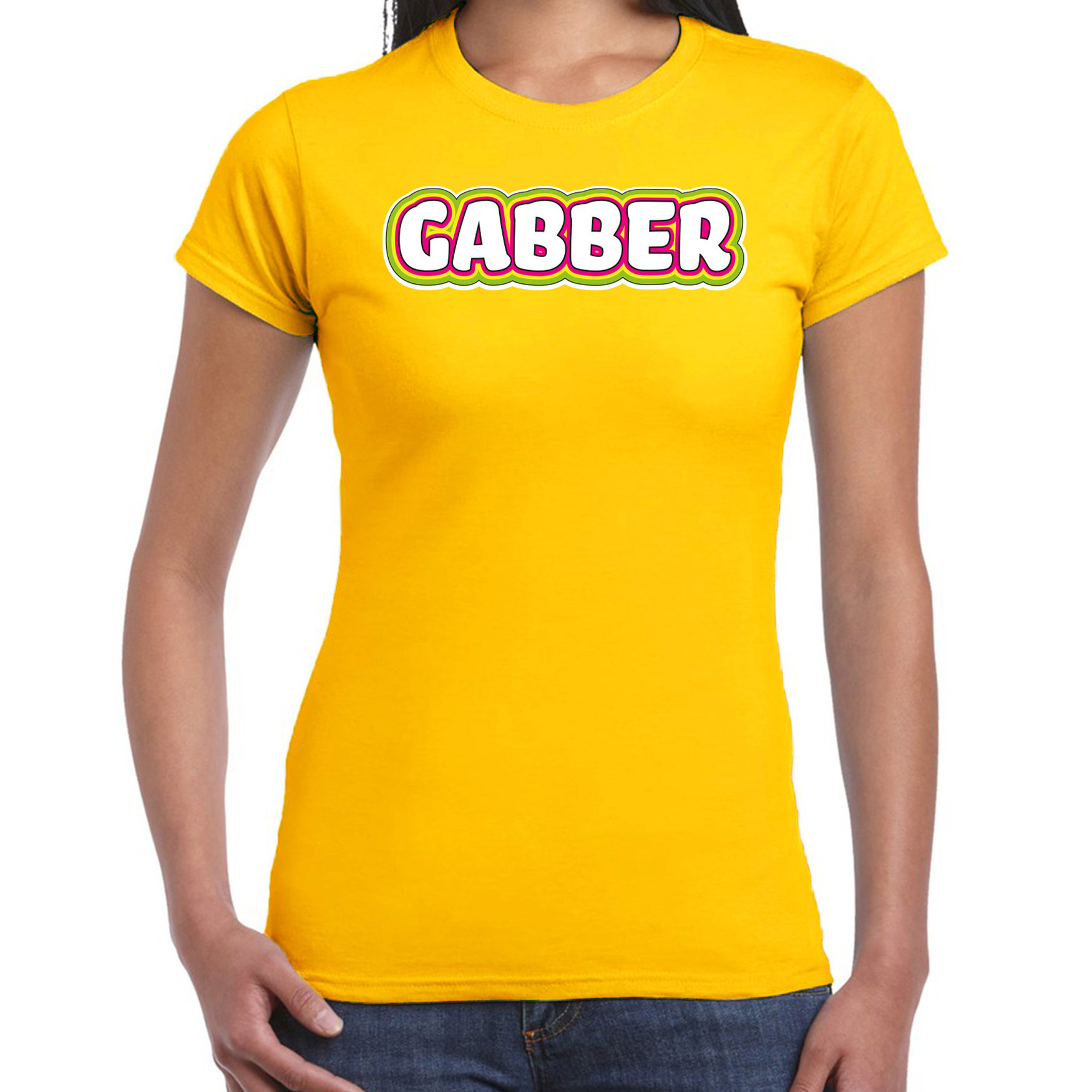 Verkleed t-shirt voor dames gabber geel foute party-carnaval vriend-maat muziek