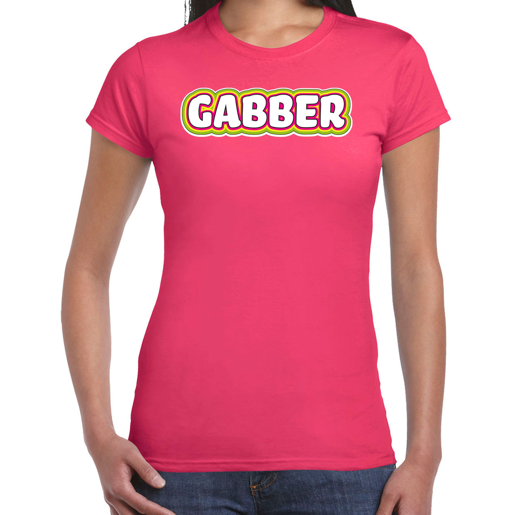 Verkleed t-shirt voor dames gabber roze foute party-carnaval vriend-maat muziek