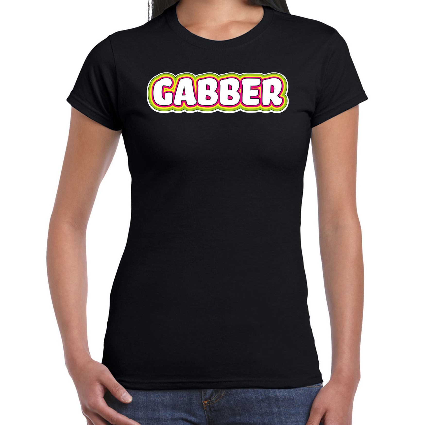 Verkleed t-shirt voor dames gabber zwart foute party-carnaval vriend-maat muziek