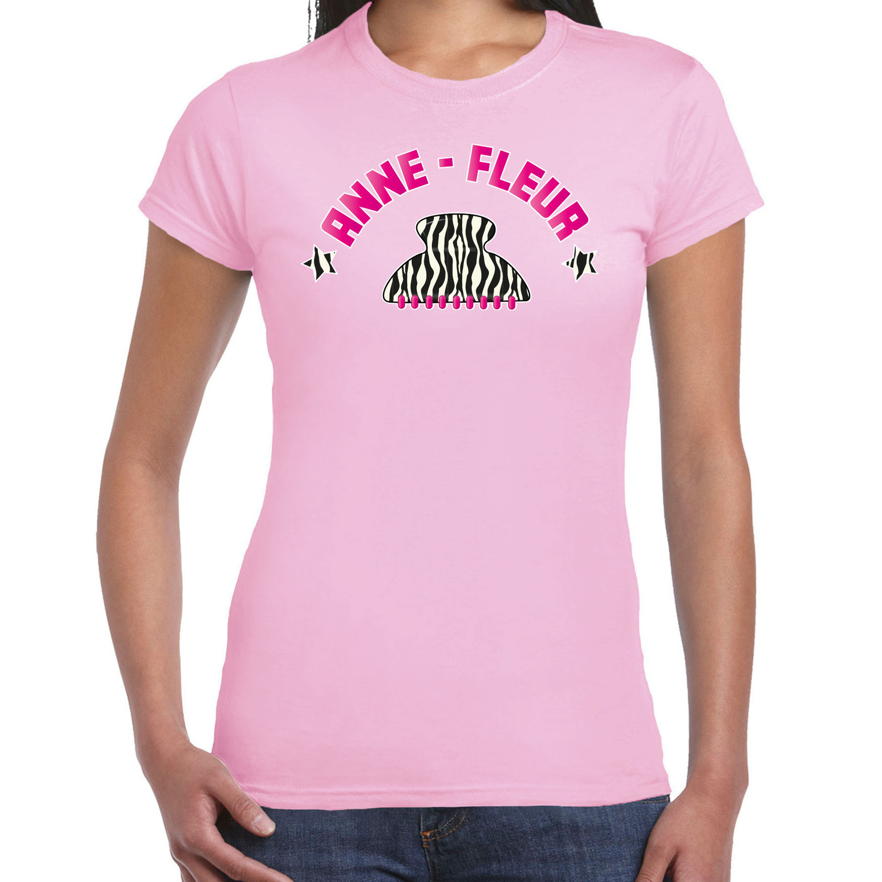 Verkleed t-shirt voor dames kakker Anne Fleur roze haarklem vakantie-carnaval