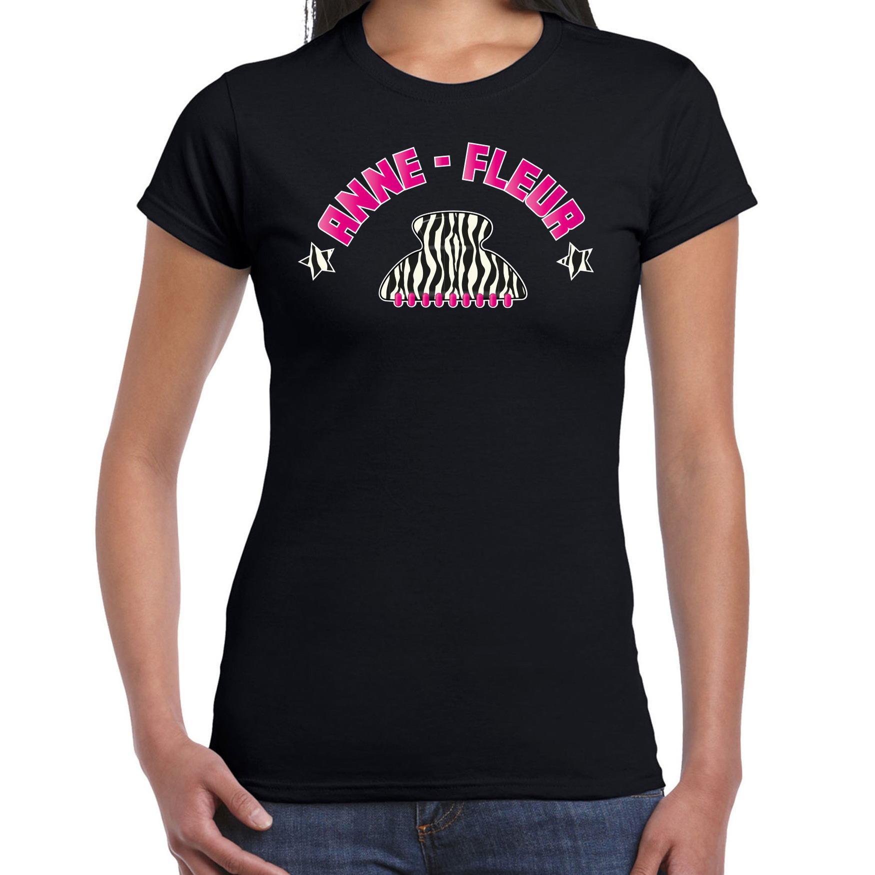 Verkleed t-shirt voor dames kakker Anne Fleur zwart haarklem vakantie-carnaval