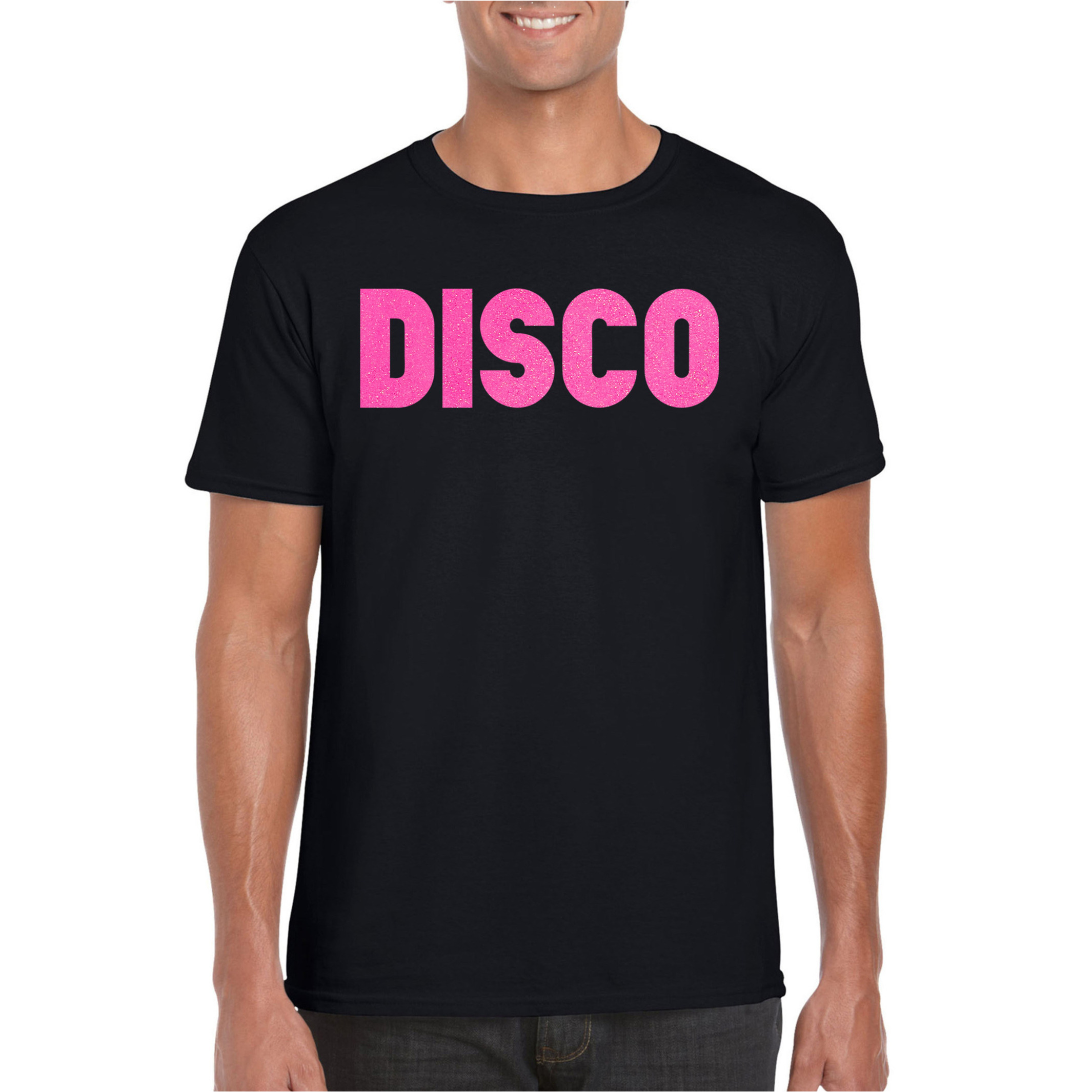 Verkleed T-shirt voor heren disco zwart roze glitter jaren 70-80 carnaval-themafeest