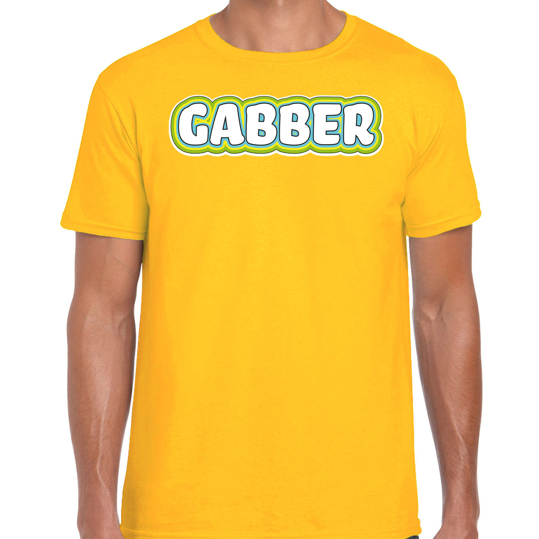 Verkleed t-shirt voor heren gabber geel foute party-carnaval vriend-maat muziek