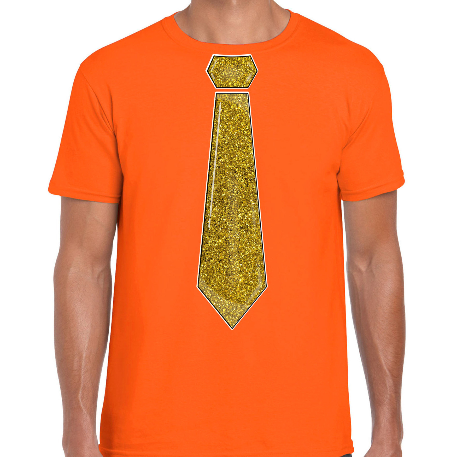 Verkleed t-shirt voor heren stropdas glitter goud oranje carnaval foute party
