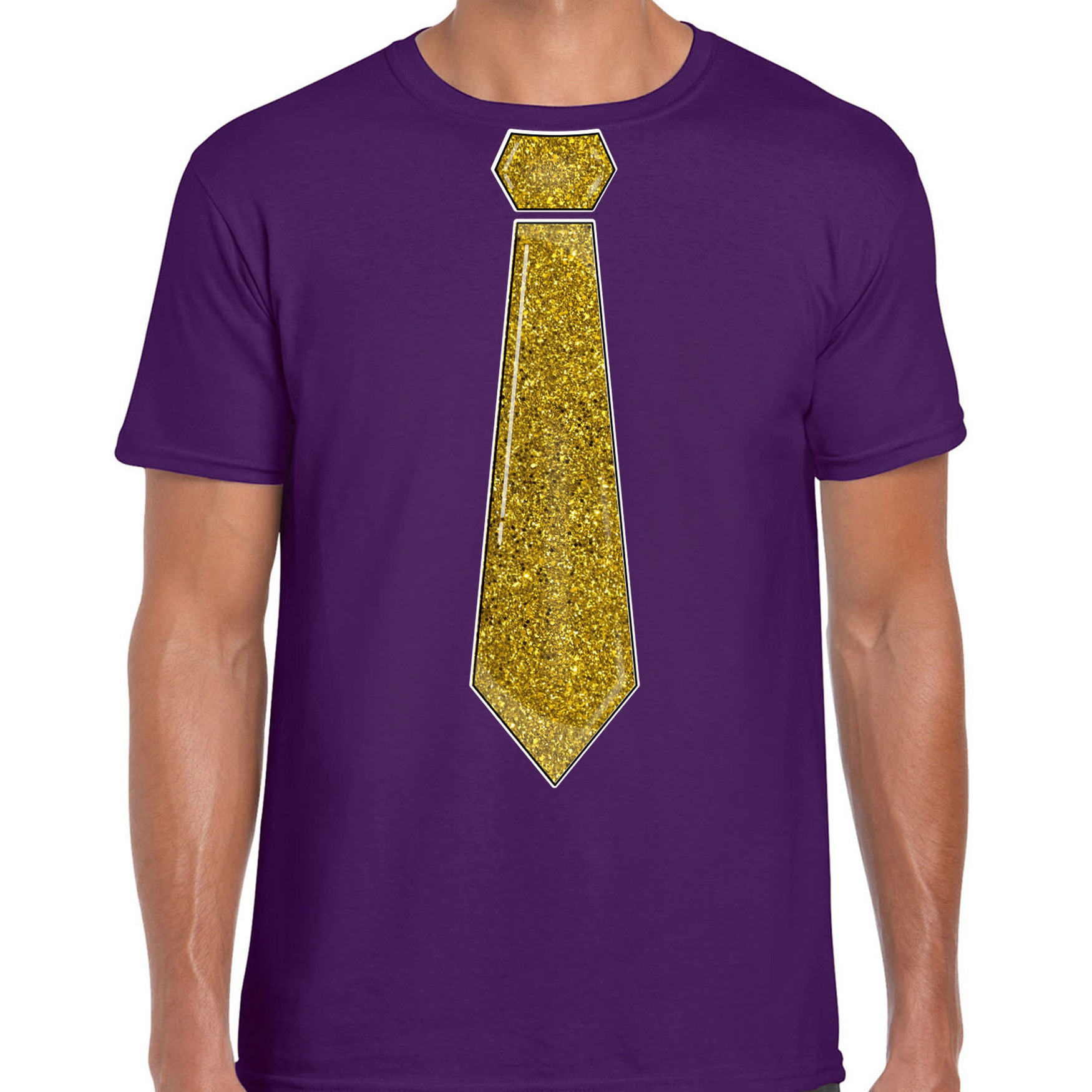 Verkleed t-shirt voor heren stropdas glitter goud paars carnaval foute party