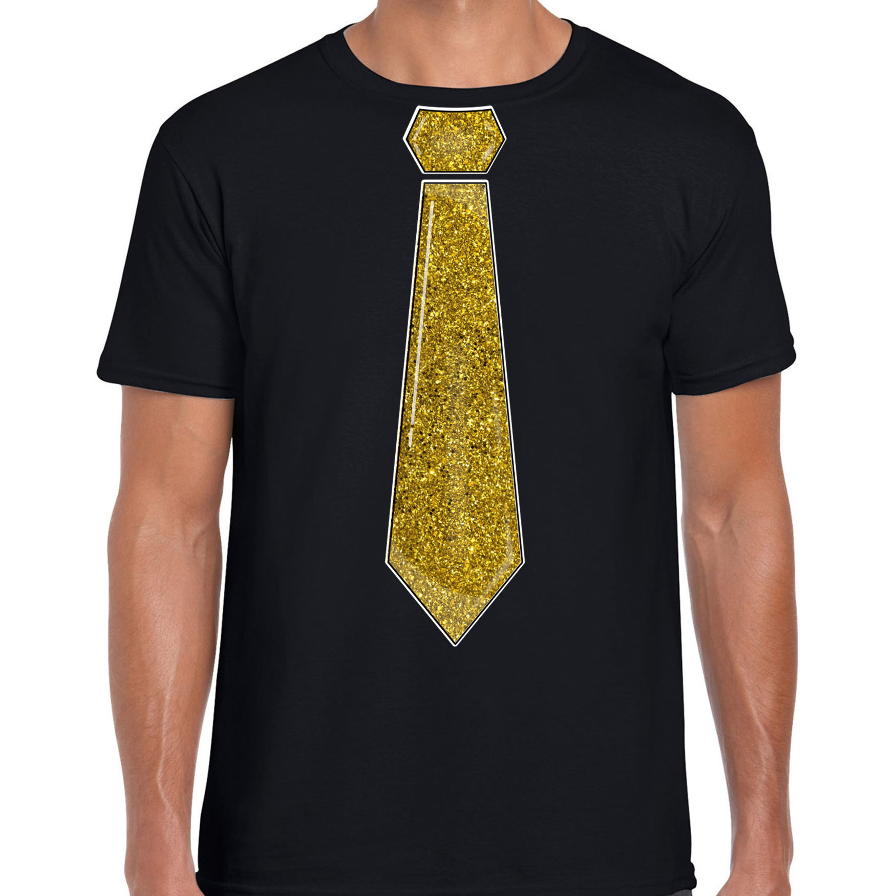 Verkleed t-shirt voor heren stropdas glitter goud zwart carnaval foute party