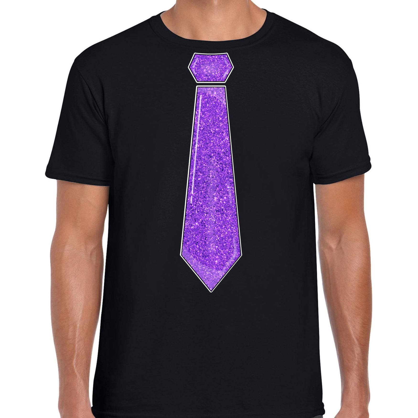 Verkleed t-shirt voor heren stropdas glitter paars zwart carnaval foute party