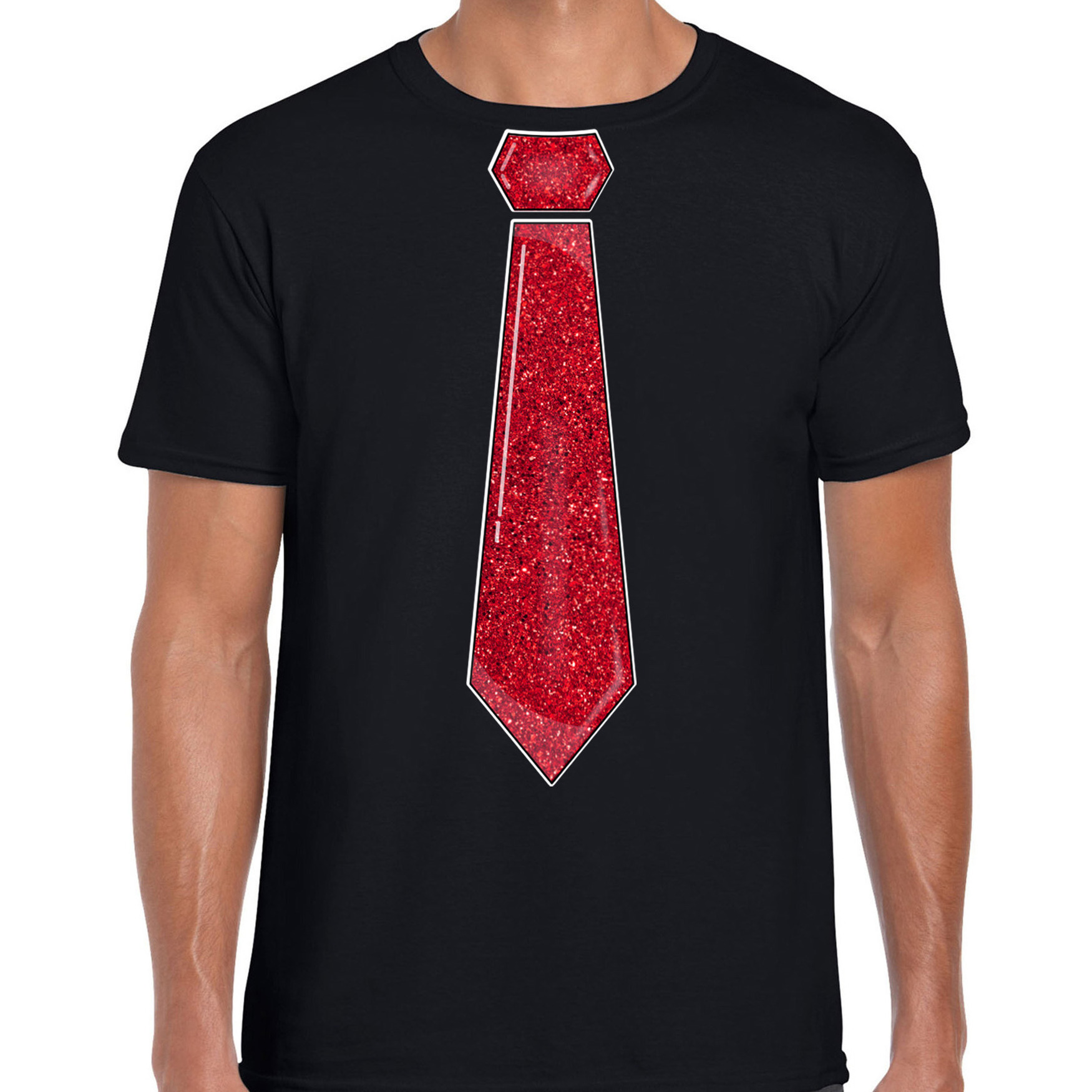 Verkleed t-shirt voor heren stropdas glitter rood zwart carnaval foute party