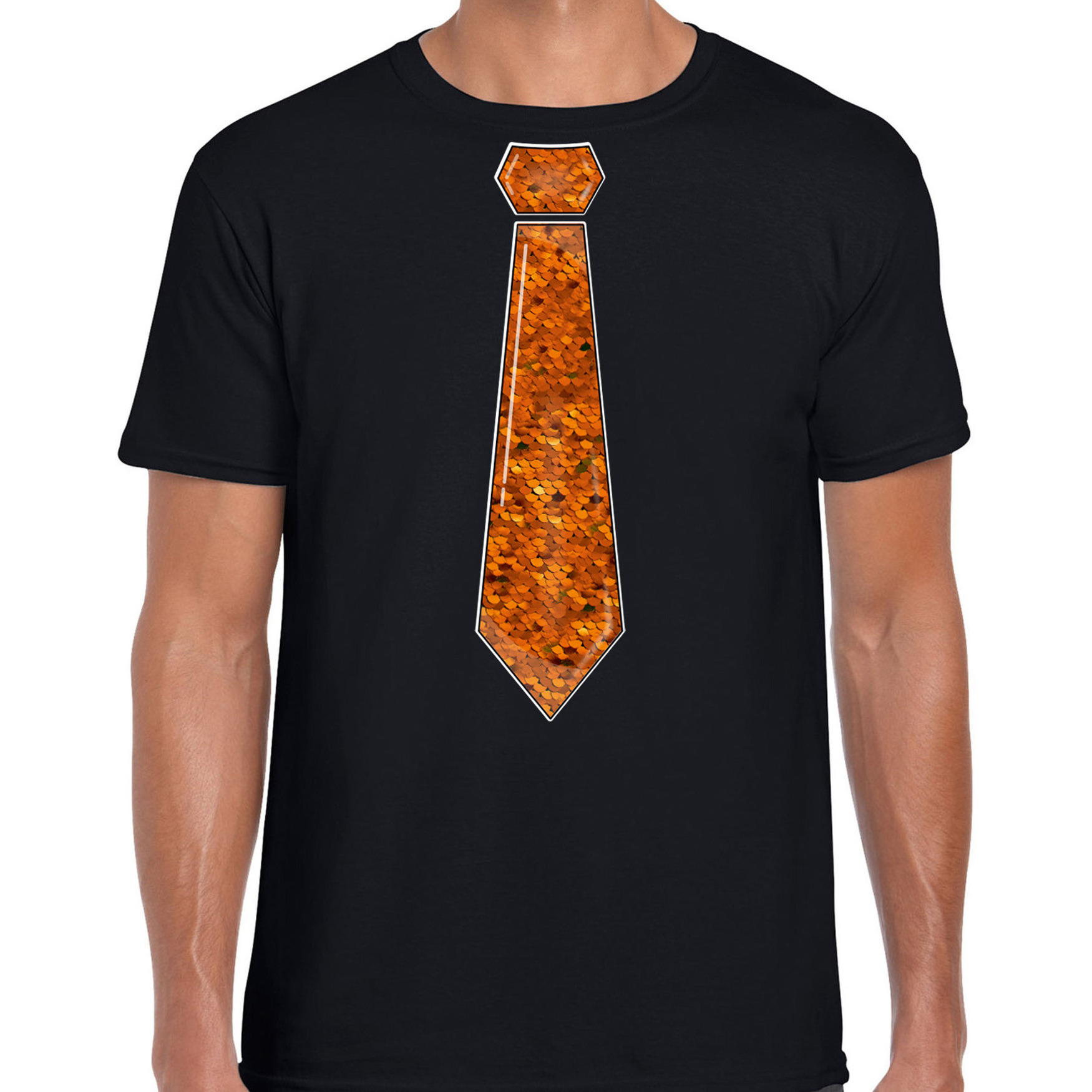 Verkleed t-shirt voor heren stropdas oranje pailletten zwart carnaval foute party