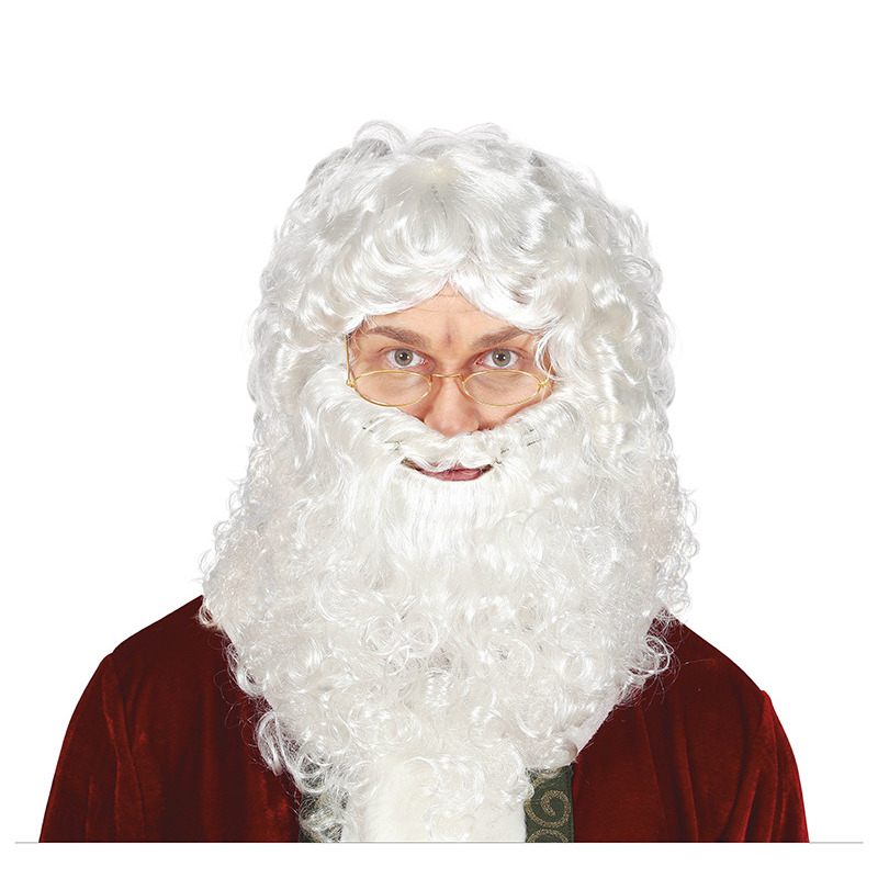 Verkleedpruik voor heren met krullen De kerstman wit met volle baard en snor
