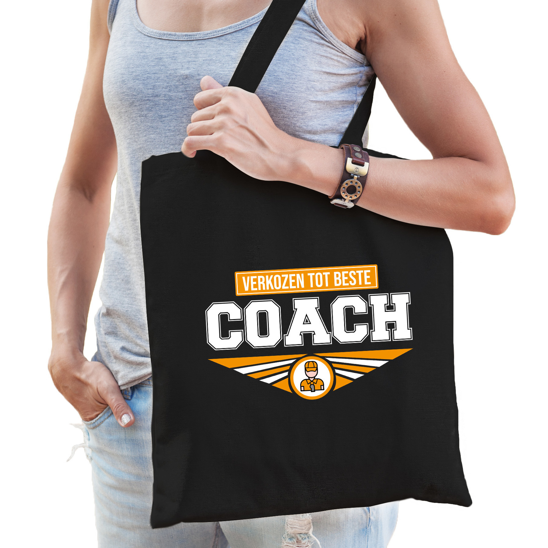 Verkozen tot beste coach katoenen tas zwart voor dames cadeau tasjes