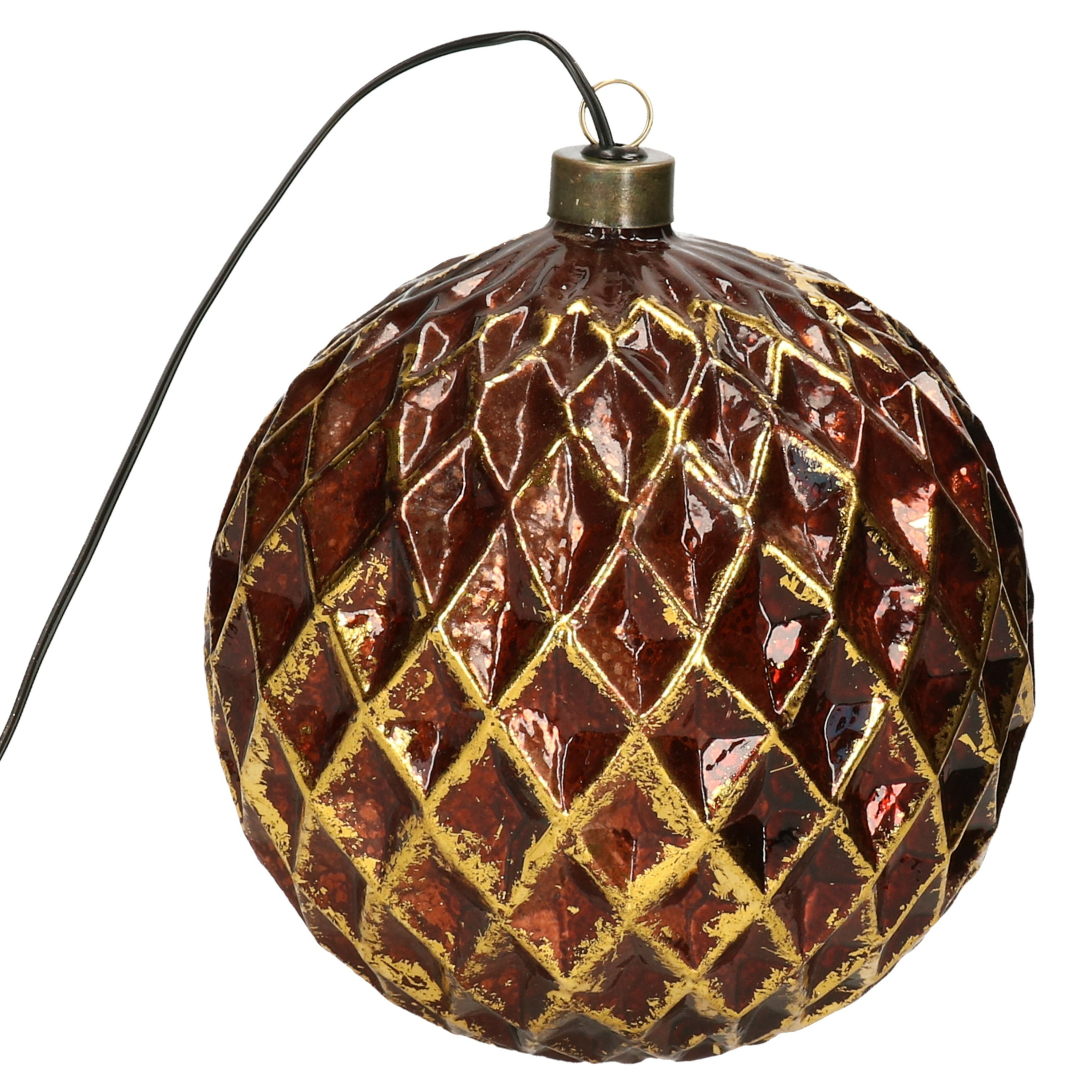Verlichte kerstbal glas antiek goud D15 cm met 15 lampjes -warm wit
