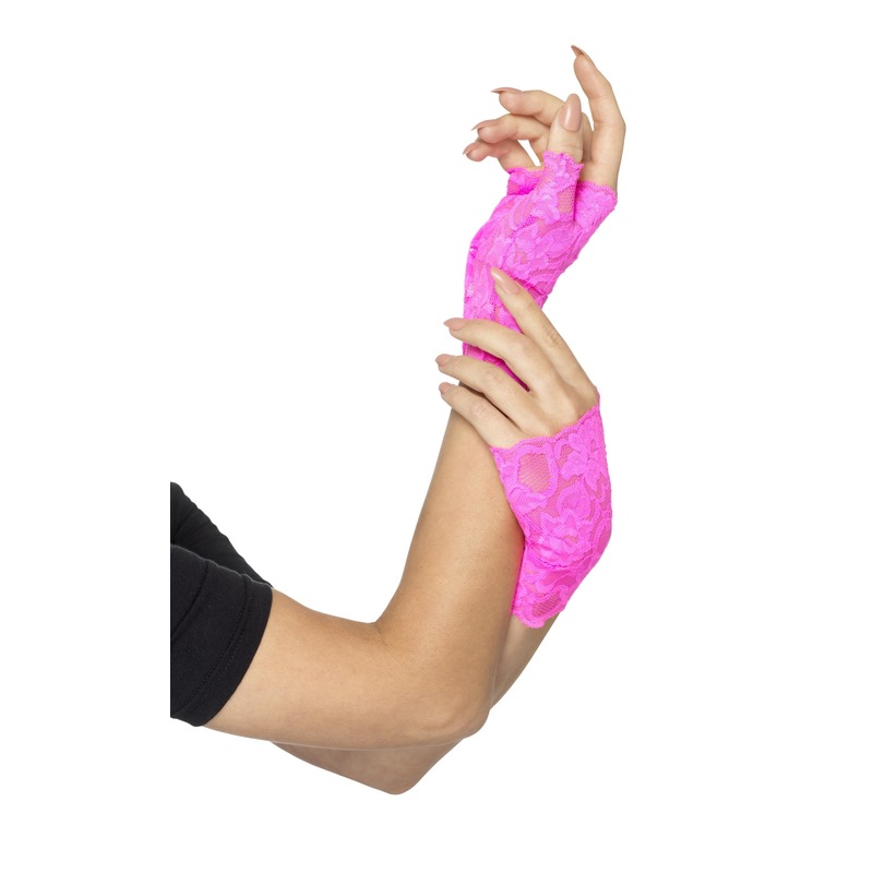 Vingerloze neon roze handschoenen van kant