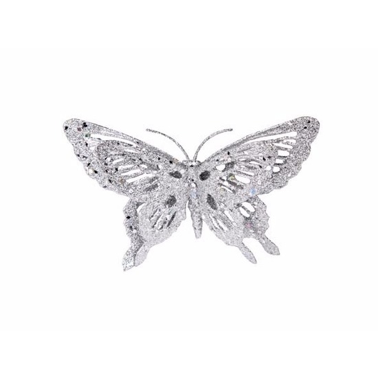 Vlinder versiering zilver op clip 15 x 11 cm
