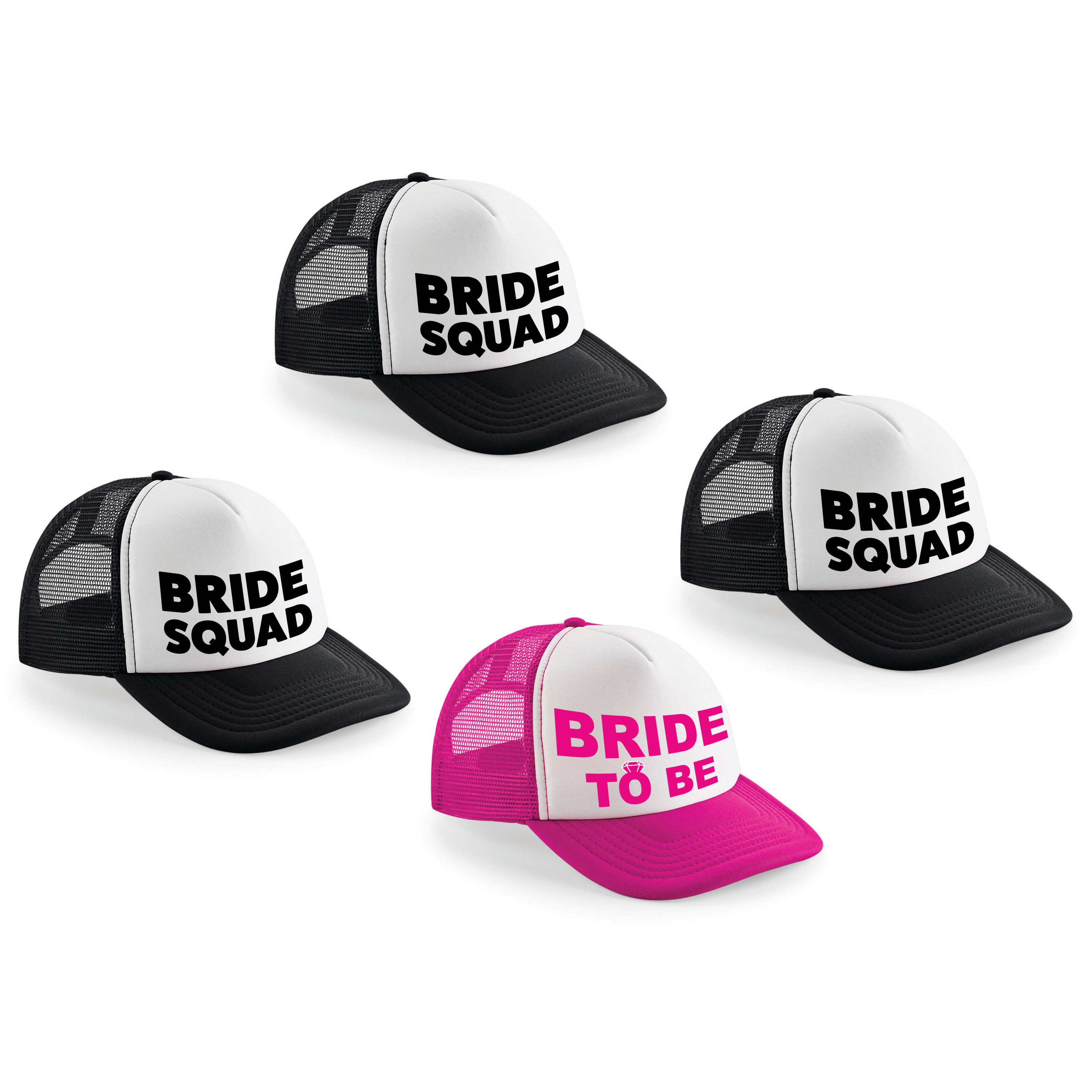 Vrijgezellenfeest dames petjes pakket blokletters 1x Bride to Be roze + 7x Bride Squad zwart