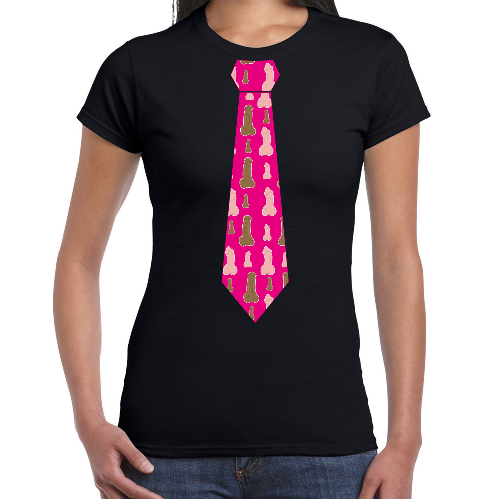 Vrijgezellenfeest stropdas t-shirt met piemels voor dames zwart