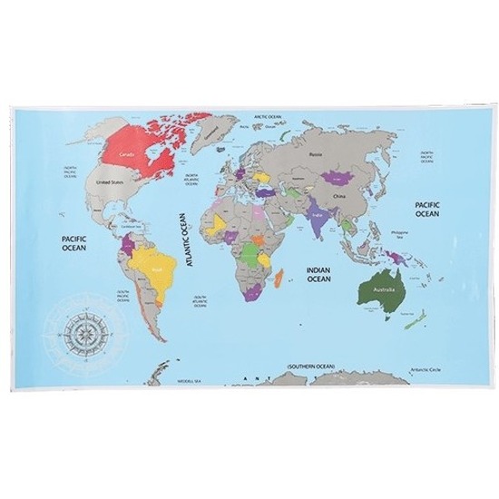 Wereldkaart landen weg krassen 52 x 88 cm