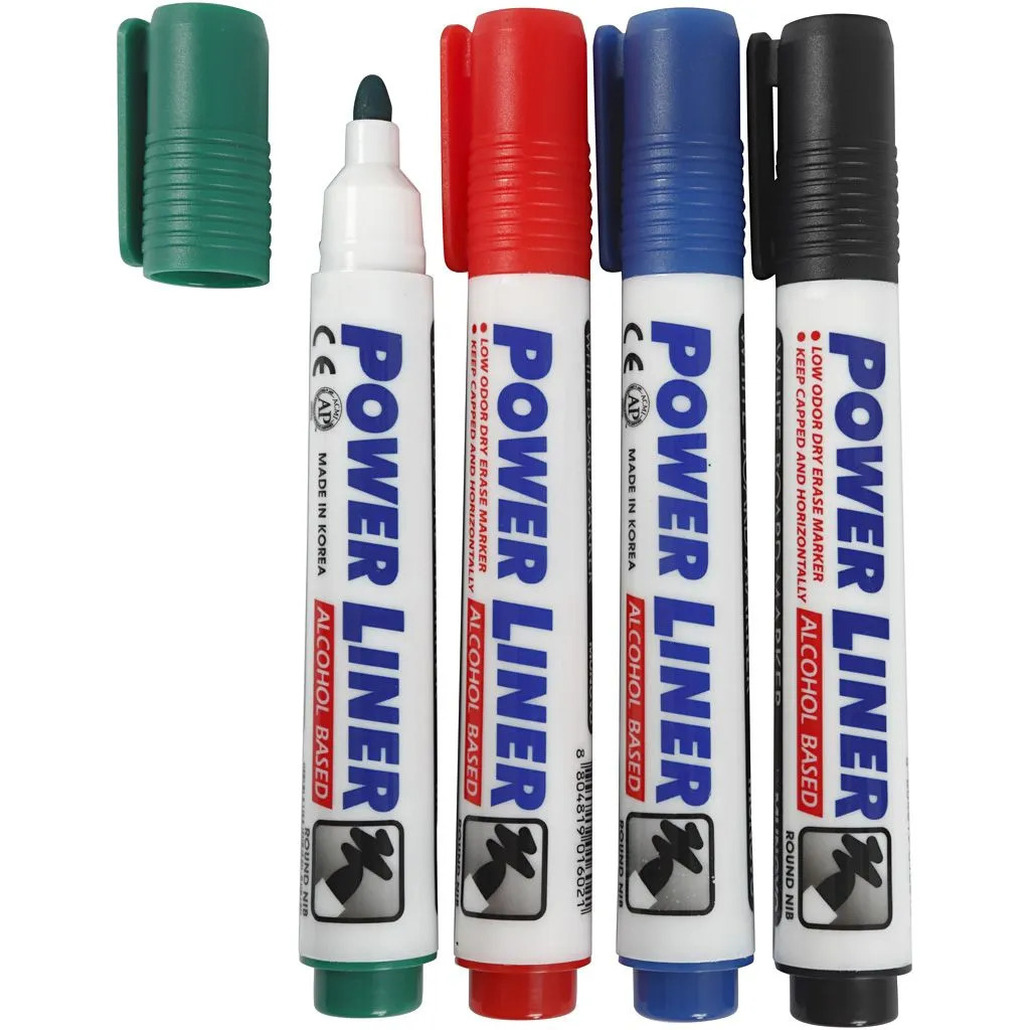 Whiteboard markers-stiften Power Liners in 4 kleuren punt van 4 mm