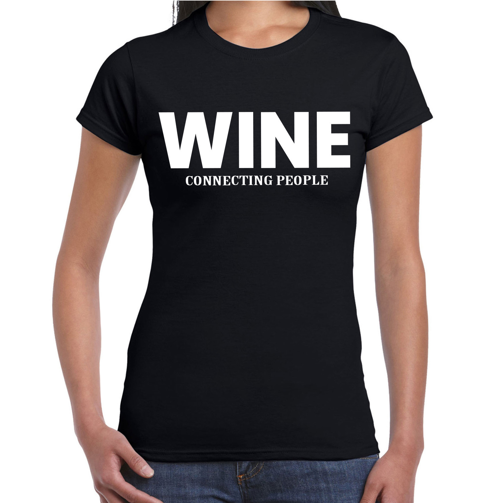 Wine connecting people drank fun t-shirt zwart voor dames