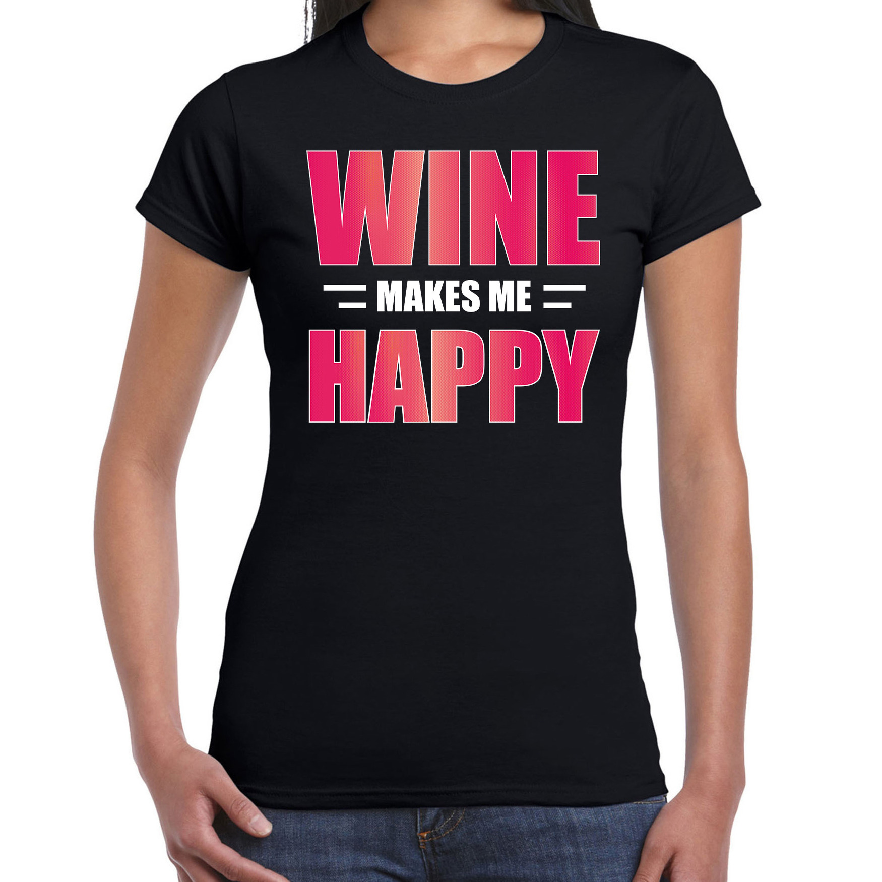 Wine makes me happy drank t-shirt-kleding zwart voor dames