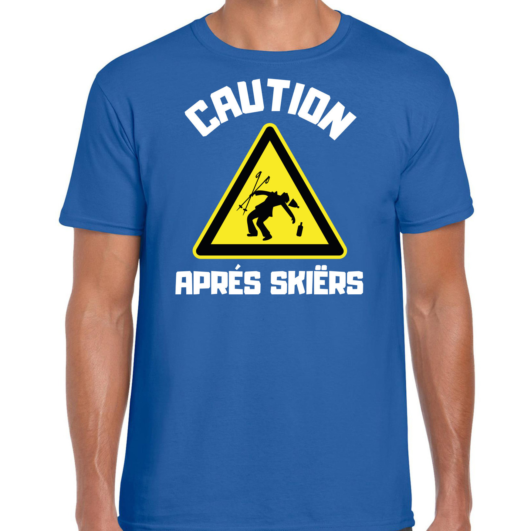 Wintersport verkleed t-shirt voor heren apres ski waarschuwing blauw winter outfit