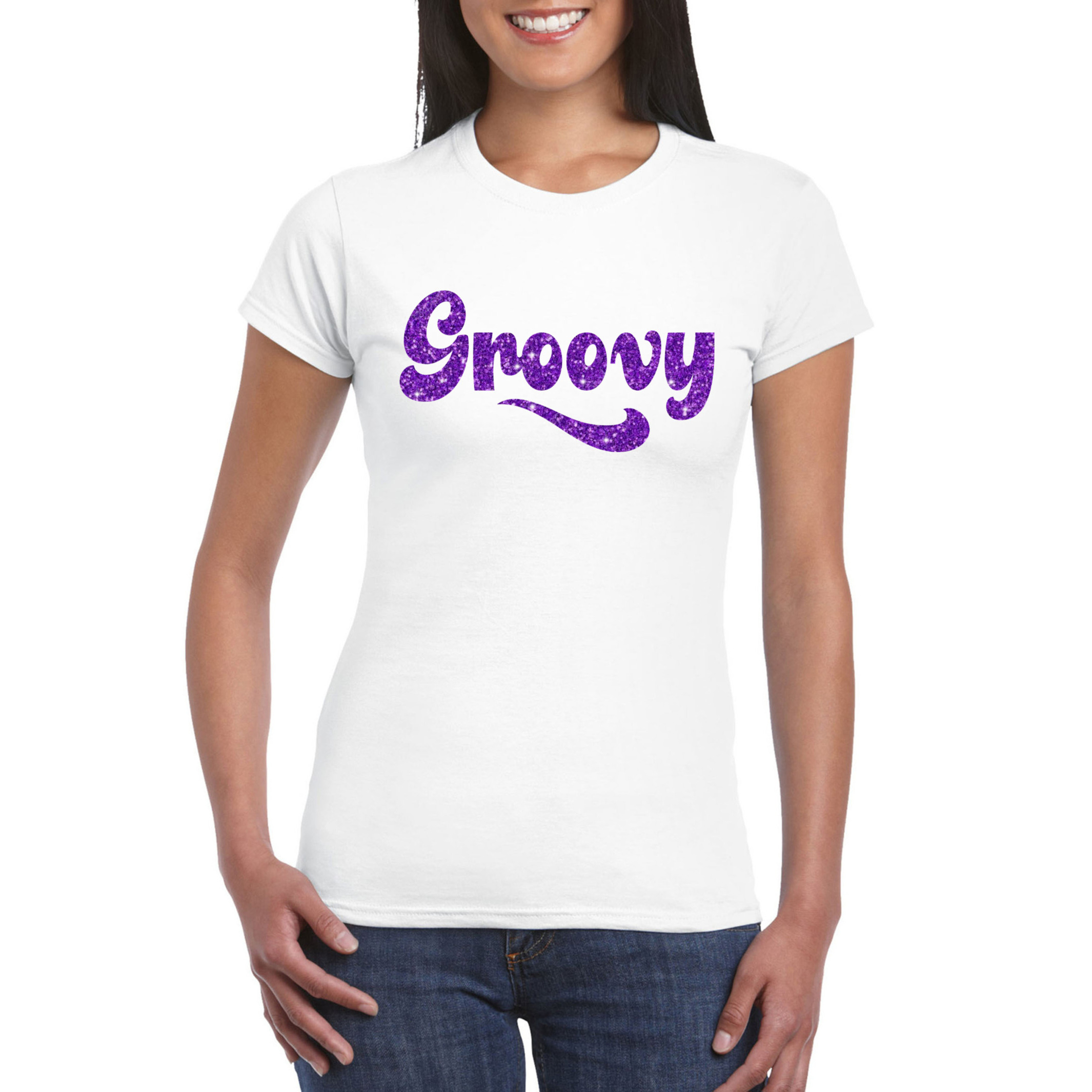 Wit Flower Power t-shirt Groovy met paarse letters dames