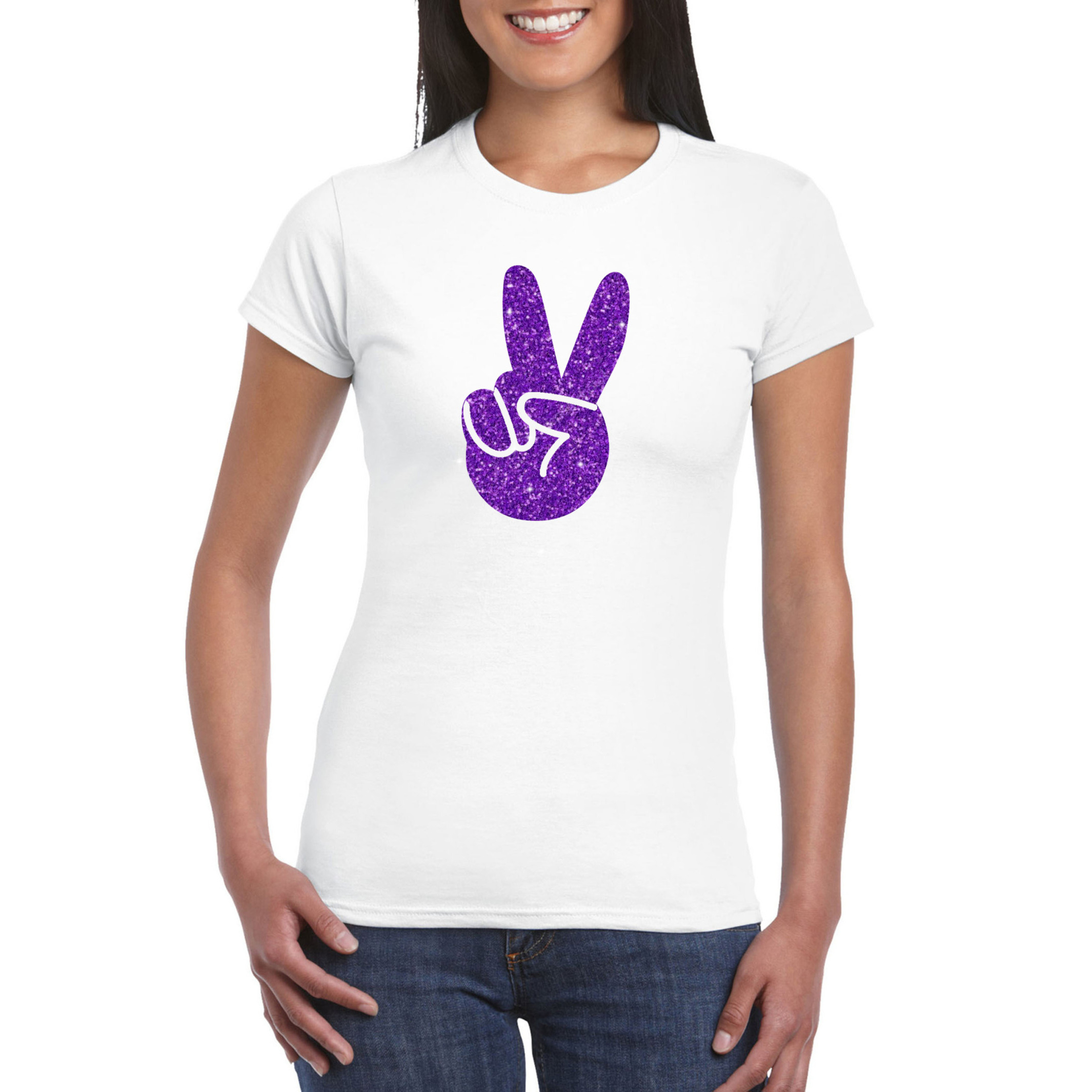 Wit Flower Power t-shirt paarse glitter peace hand dames