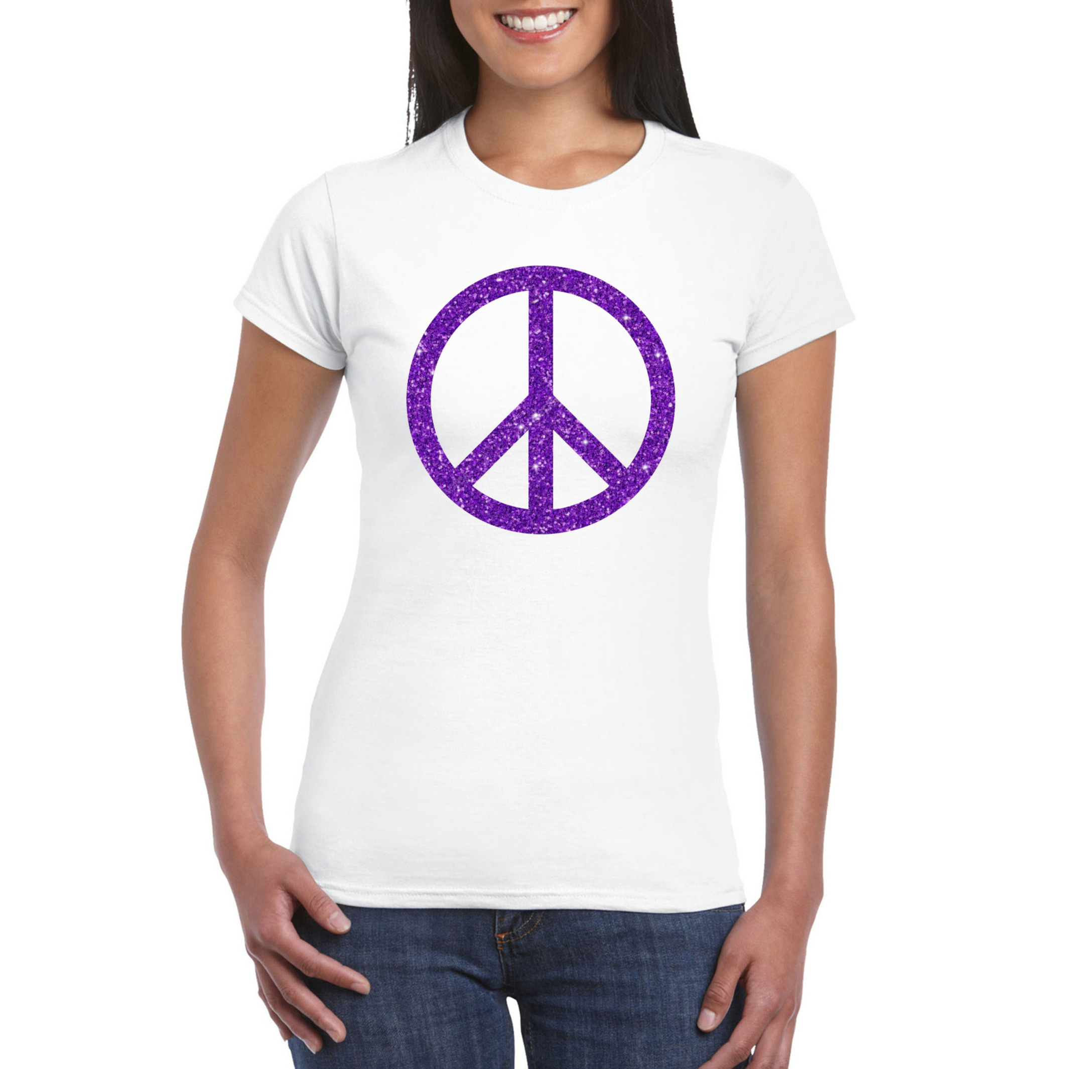 Wit Flower Power t-shirt paarse glitter peace teken dames