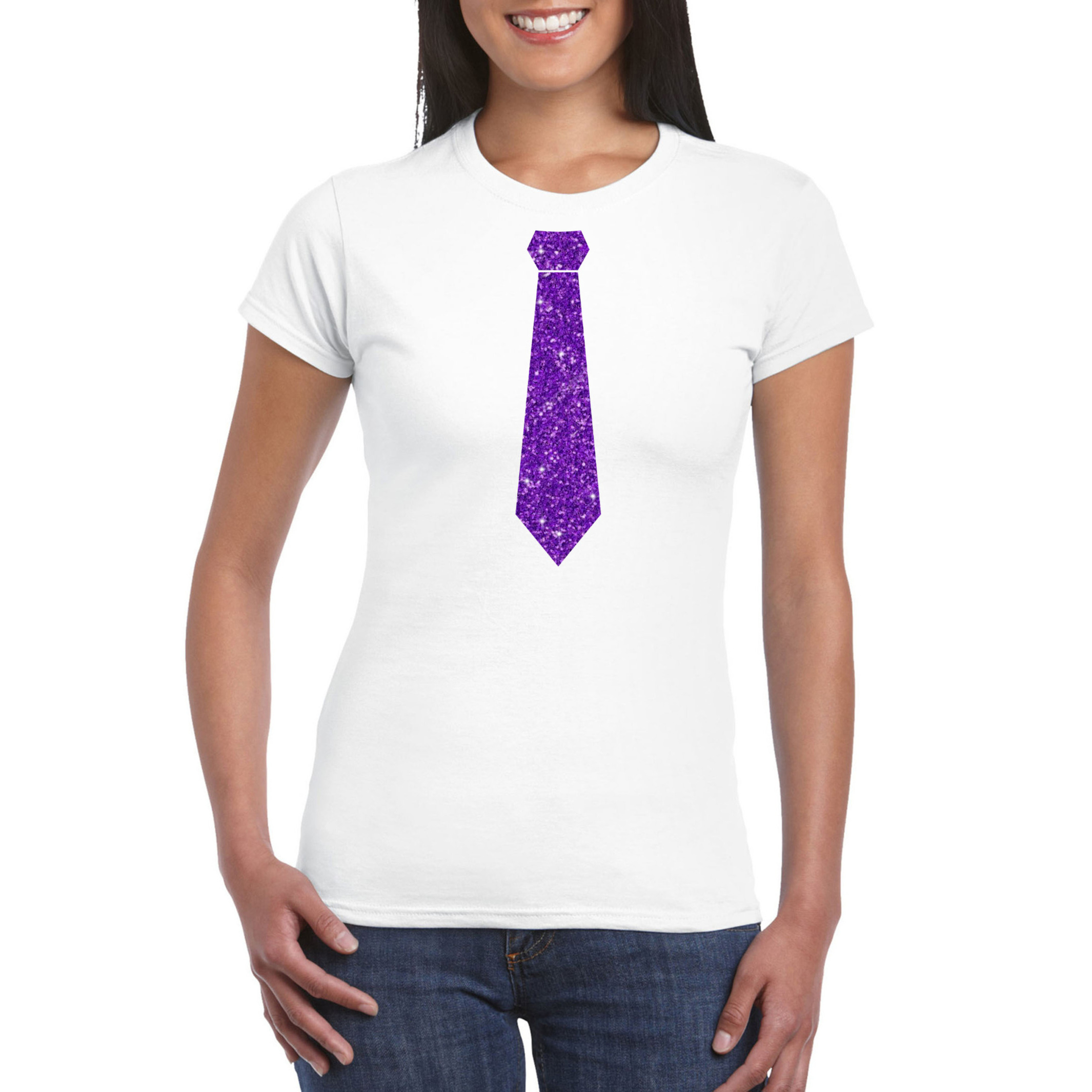 Wit fun t-shirt stropdas met paarse glitters dames