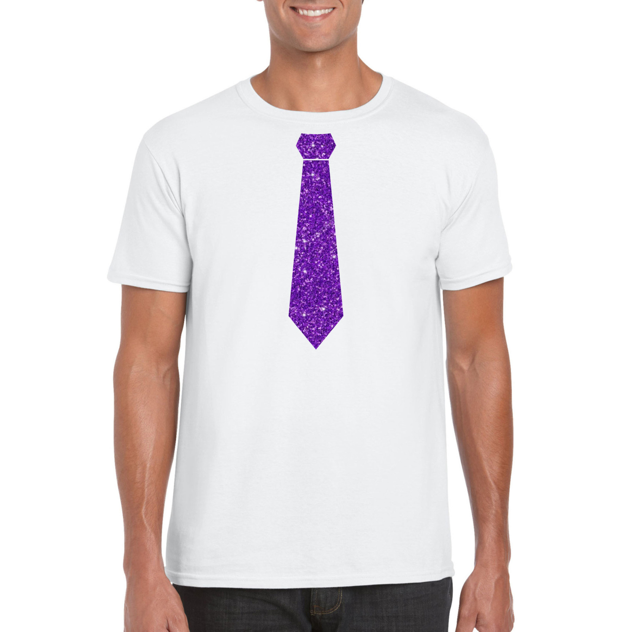 Wit fun t-shirt stropdas met paarse glitters heren