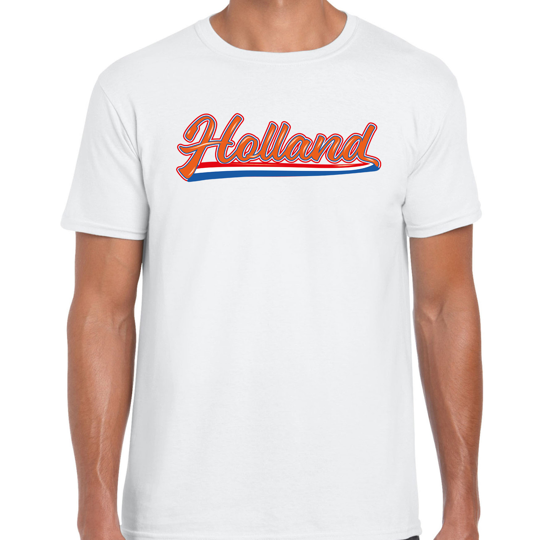 Wit t-shirt Holland-Nederland supporter Holland met Nederlandse wimpel EK- WK voor heren