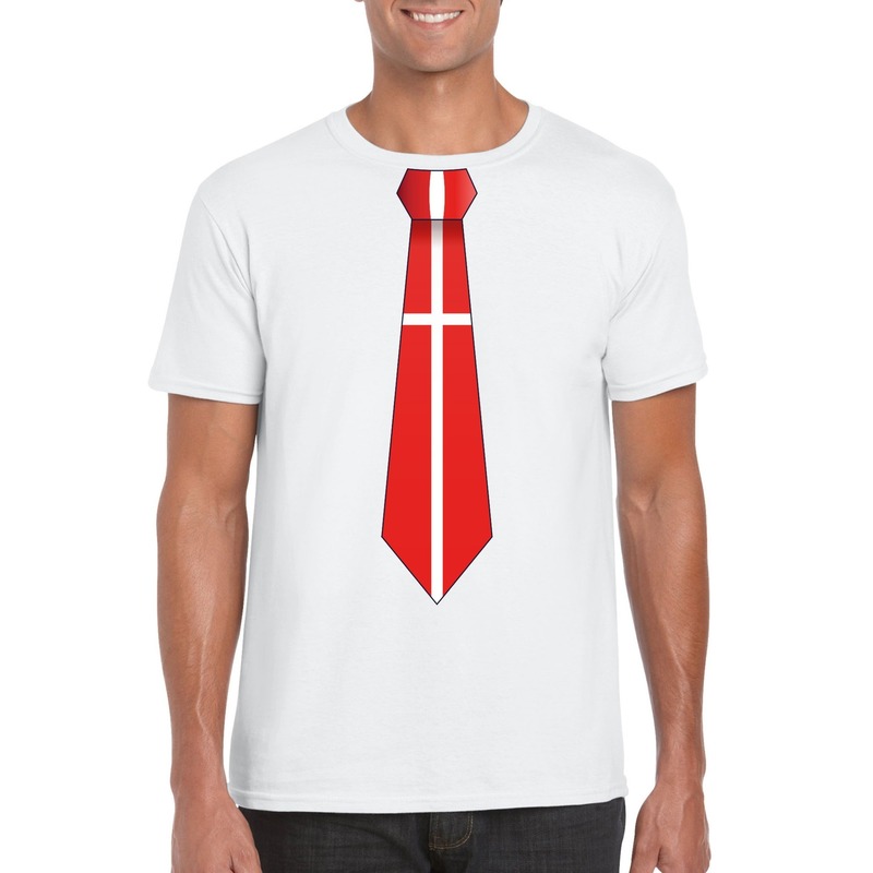 Wit t-shirt met Denemarken vlag stropdas heren