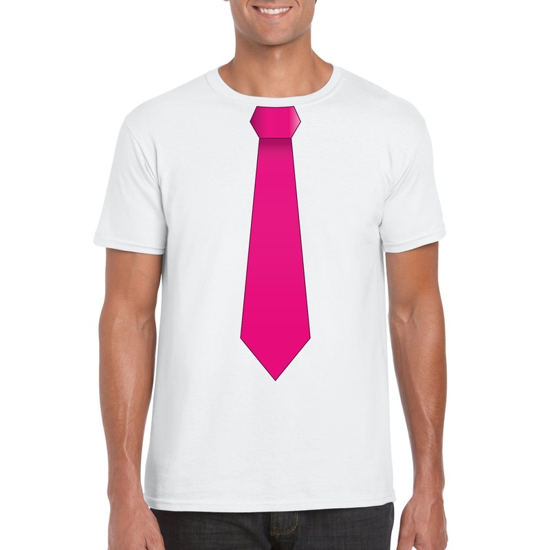 Wit t-shirt met roze stropdas heren