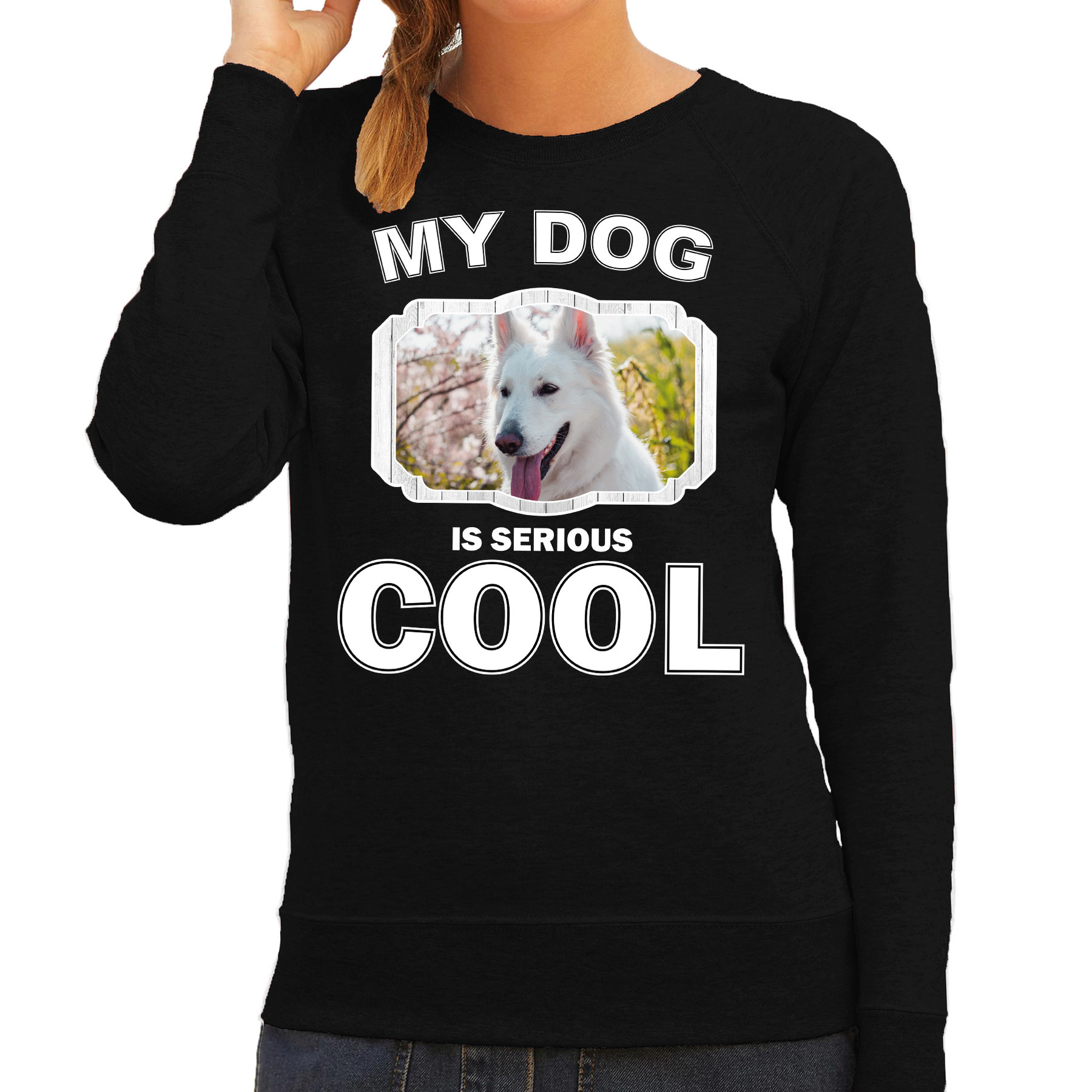 Witte herder honden sweater-trui my dog is serious cool zwart voor dames