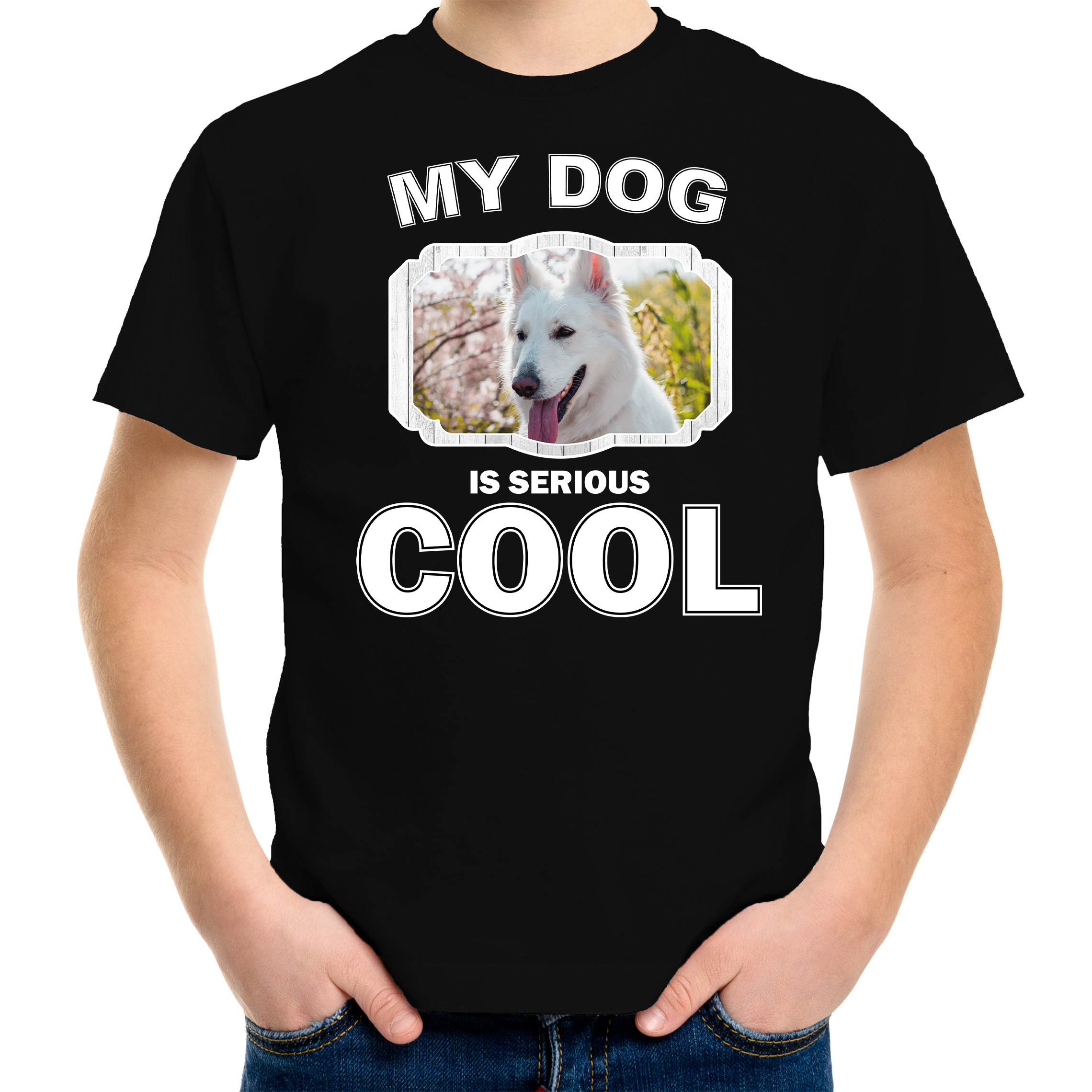 Witte herder honden t-shirt my dog is serious cool zwart voor kinderen