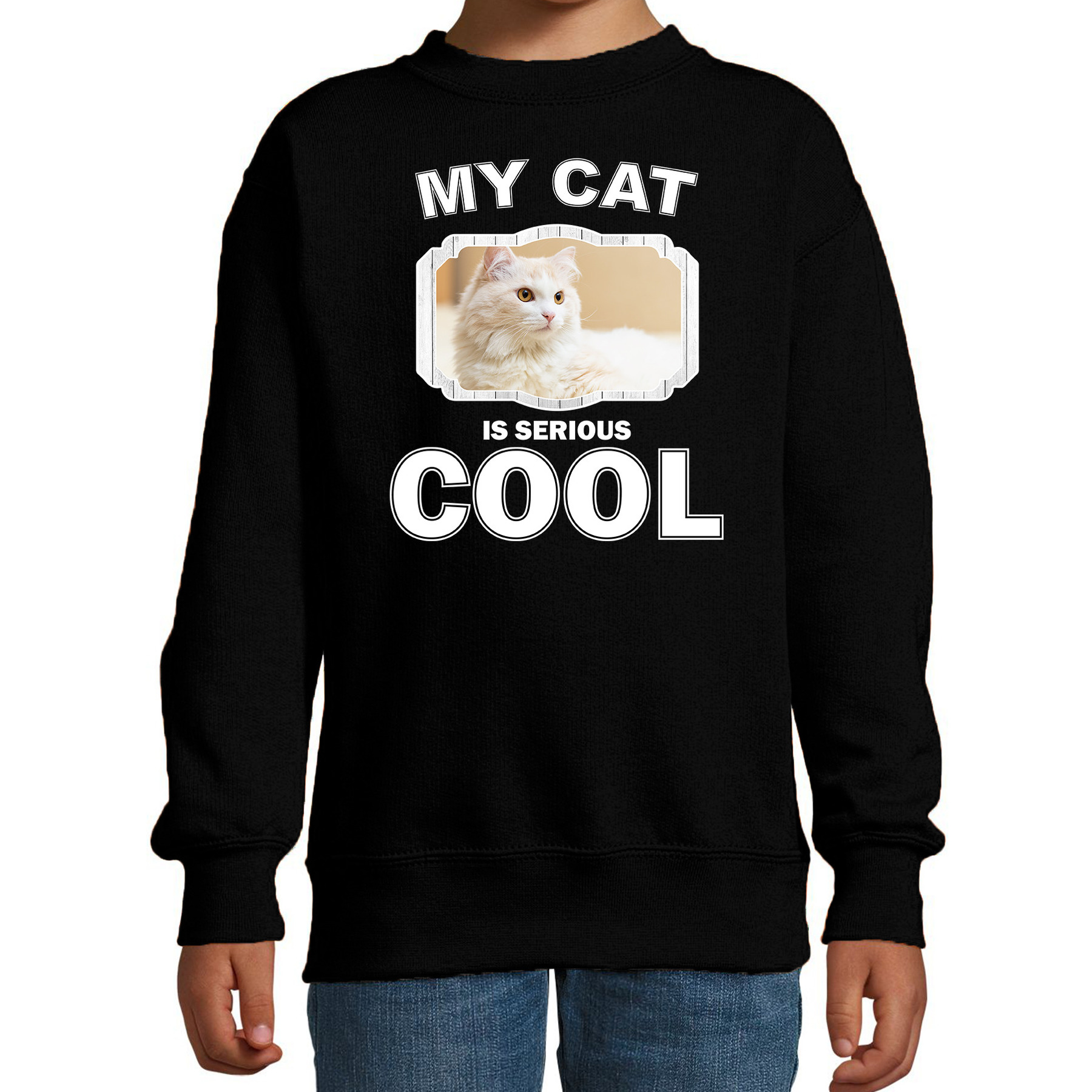 Witte kat katten trui-sweater my cat is serious cool zwart voor kinderen
