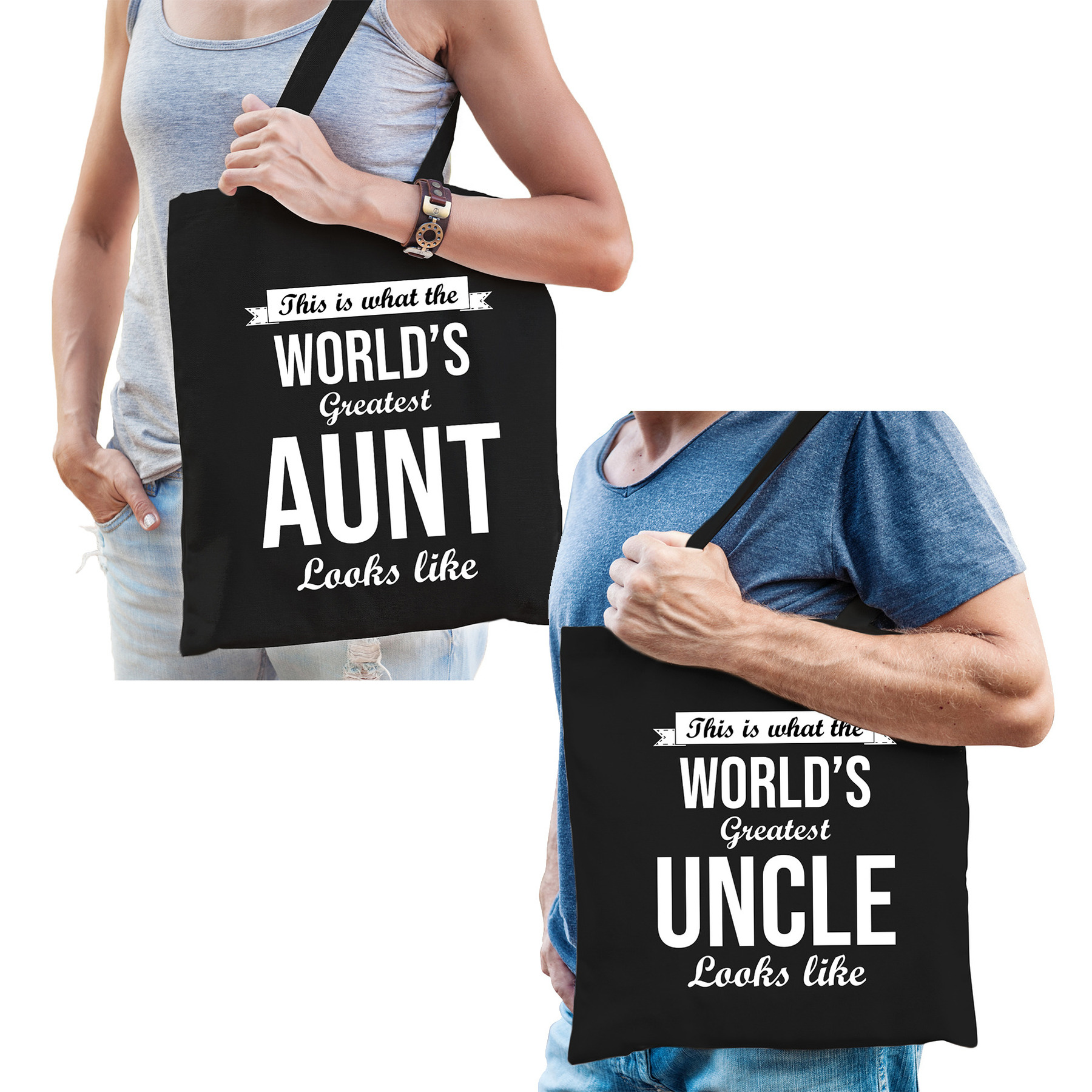 Worlds greatest Aunt en Uncle tasje zwart Cadeau tassen set voor Oom en Tante