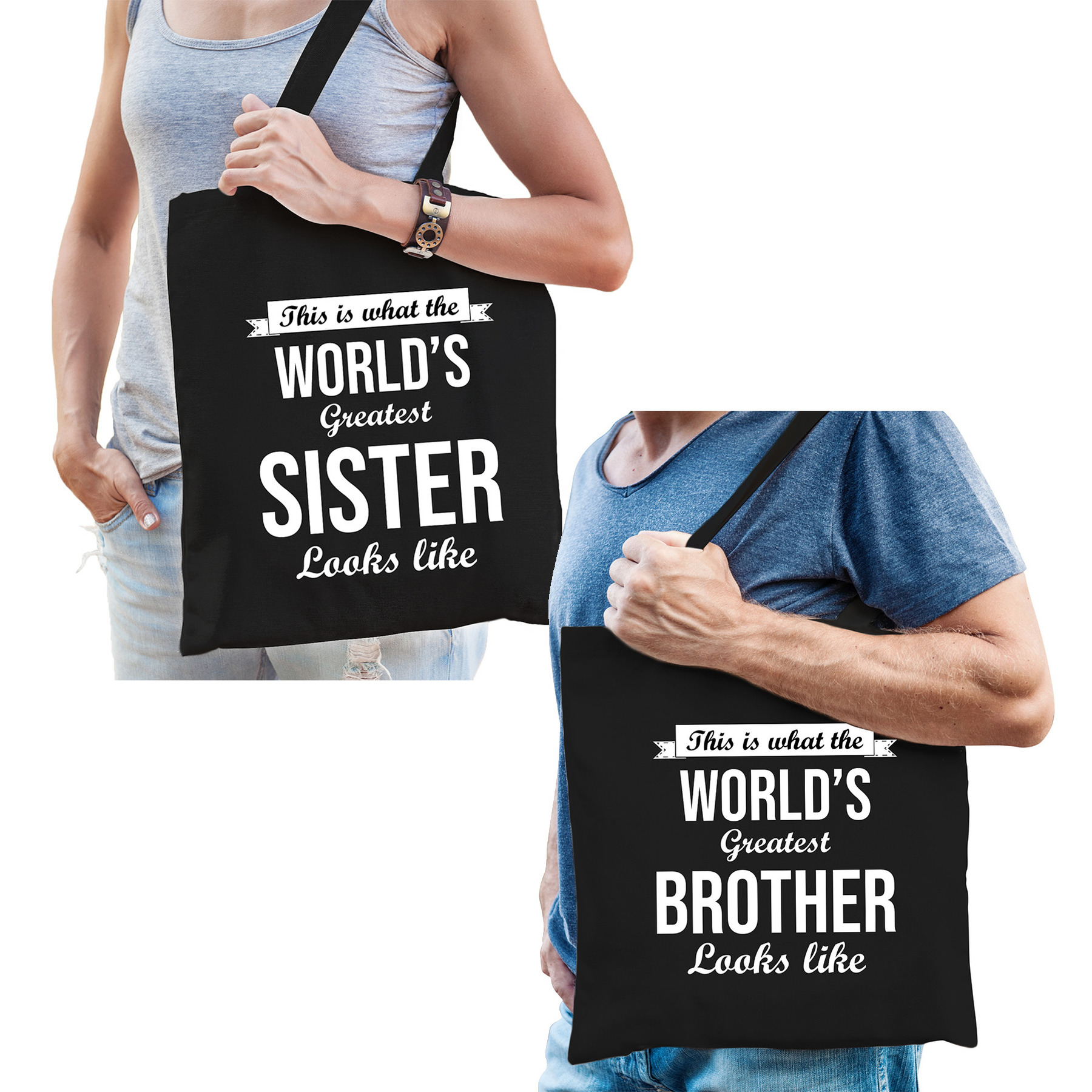 Worlds greatest Brother en Sister tasje zwart Cadeau tassen set voor Broer en Zus