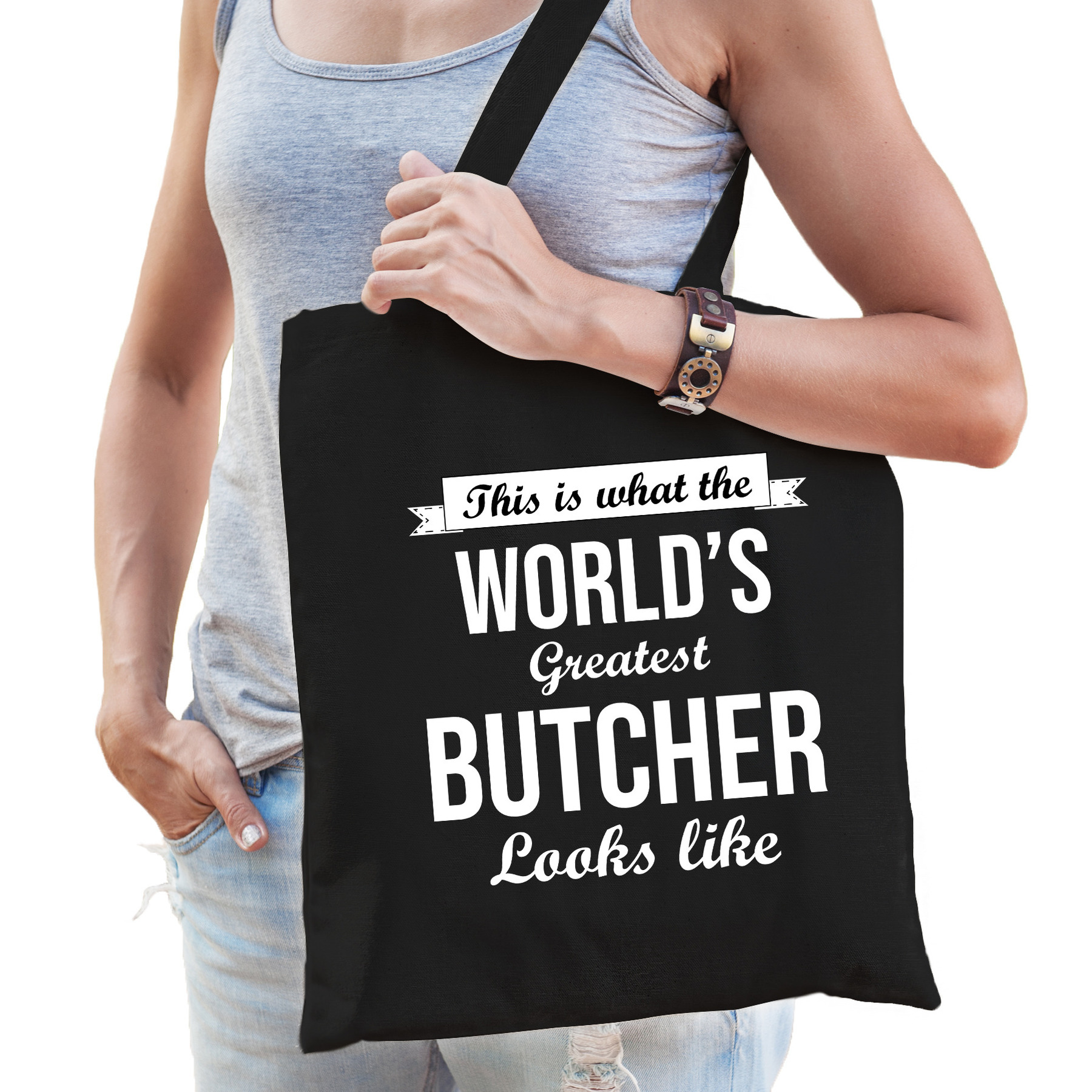 Worlds greatest butcher tas zwart volwassenen werelds beste slager cadeau tas