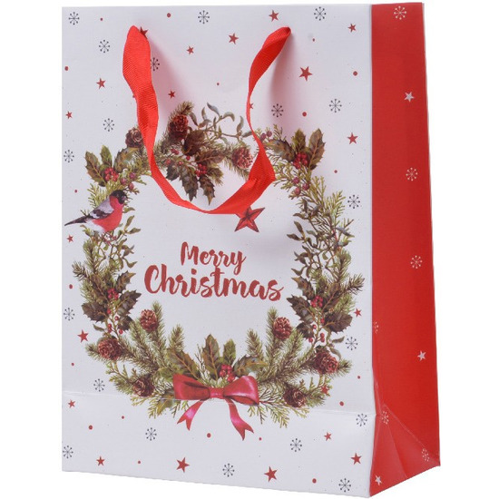 XXL cadeautjes kerst tas met kerstkrans opdruk 72 cm krans met vogel