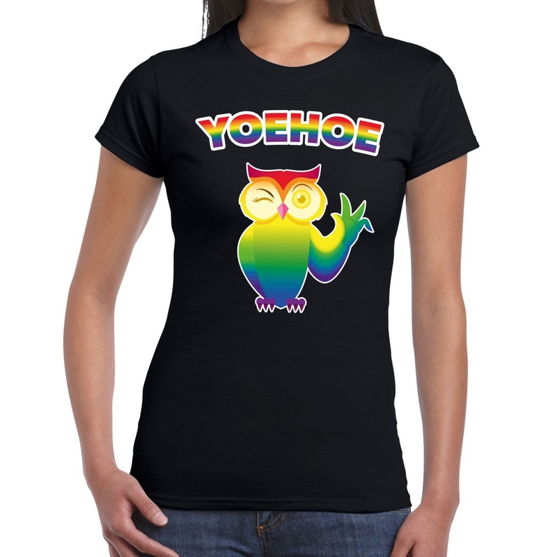 Yoehoe gay pride t-shirt met knipogende uil zwart voor dames