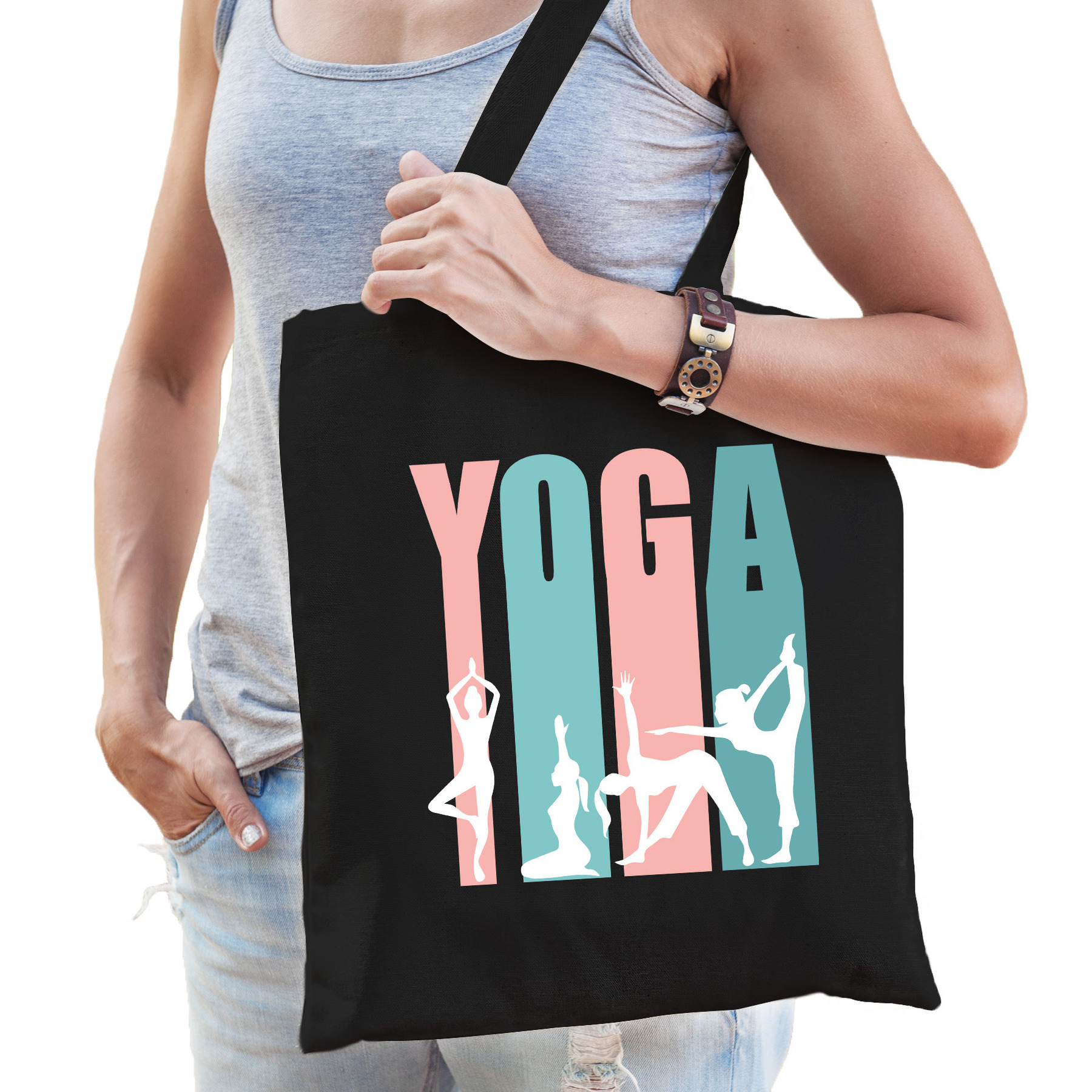 Yoga icons katoenen tas zwart voor volwassenen sport-hobby tasjes
