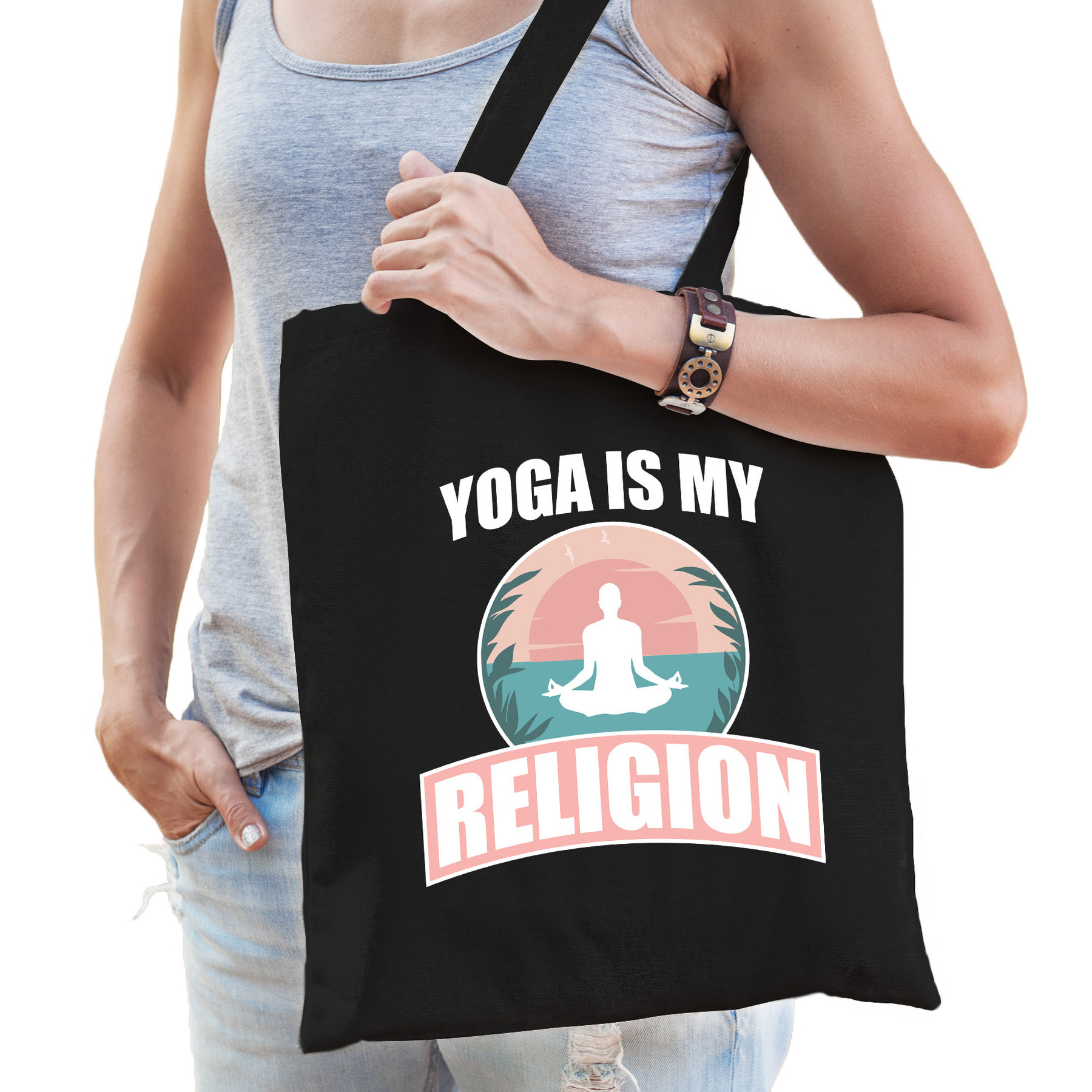 Yoga is my religion katoenen tas zwart voor volwassenen sport-hobby tasjes