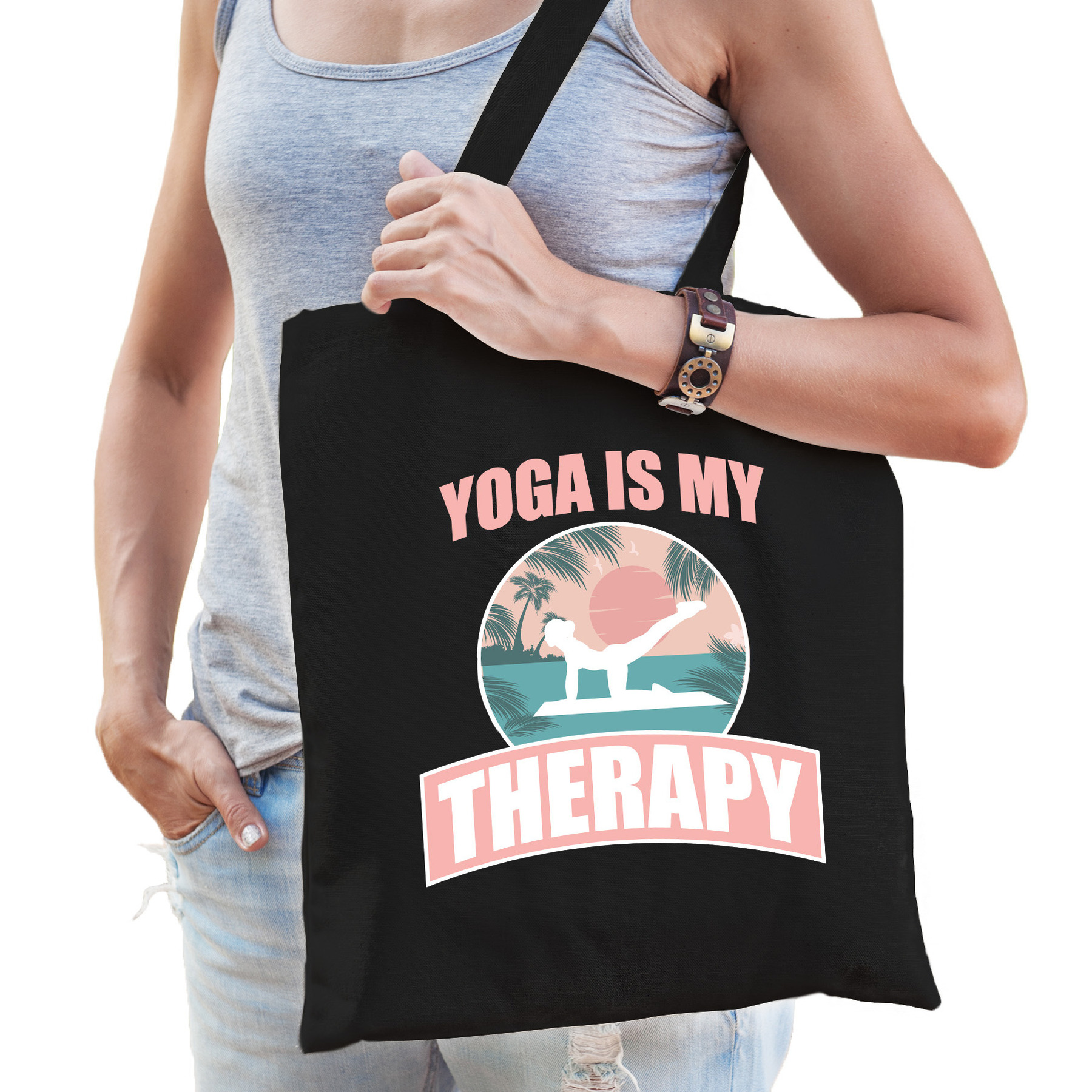 Yoga is my therapy katoenen tas zwart voor volwassenen sport-hobby tasjes