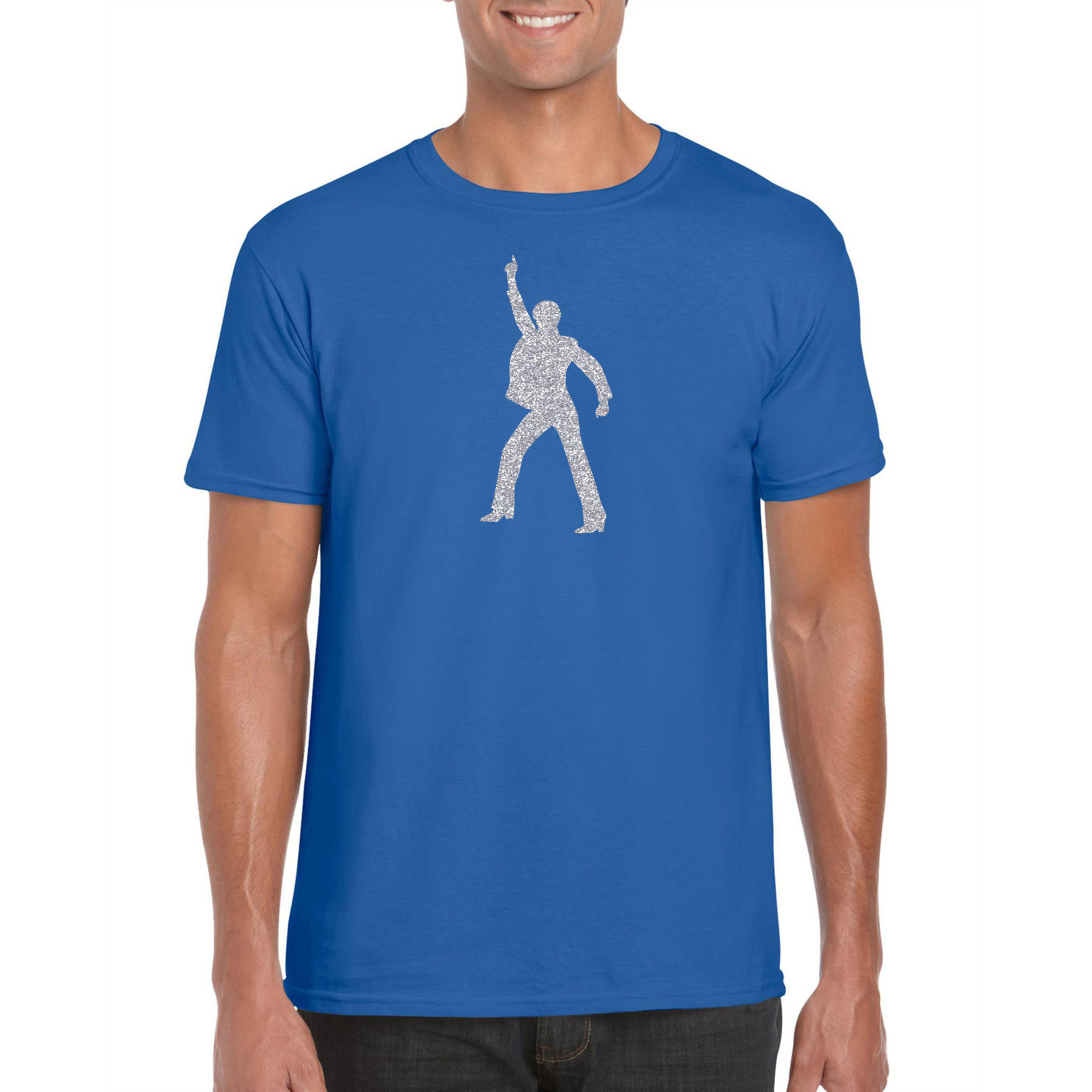 Zilveren disco t-shirt-kleding blauw voor heren