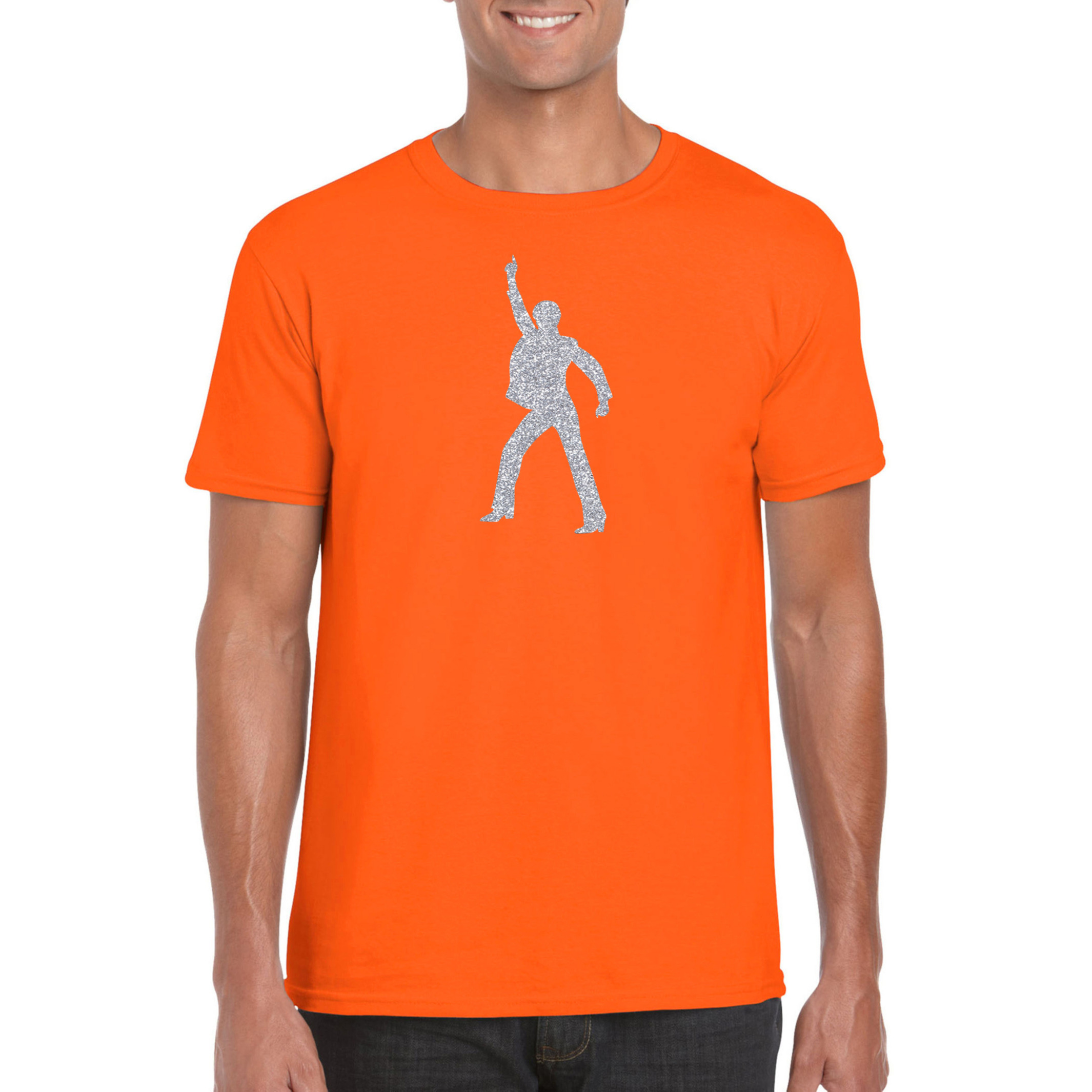 Zilveren disco t-shirt-kleding oranje voor heren